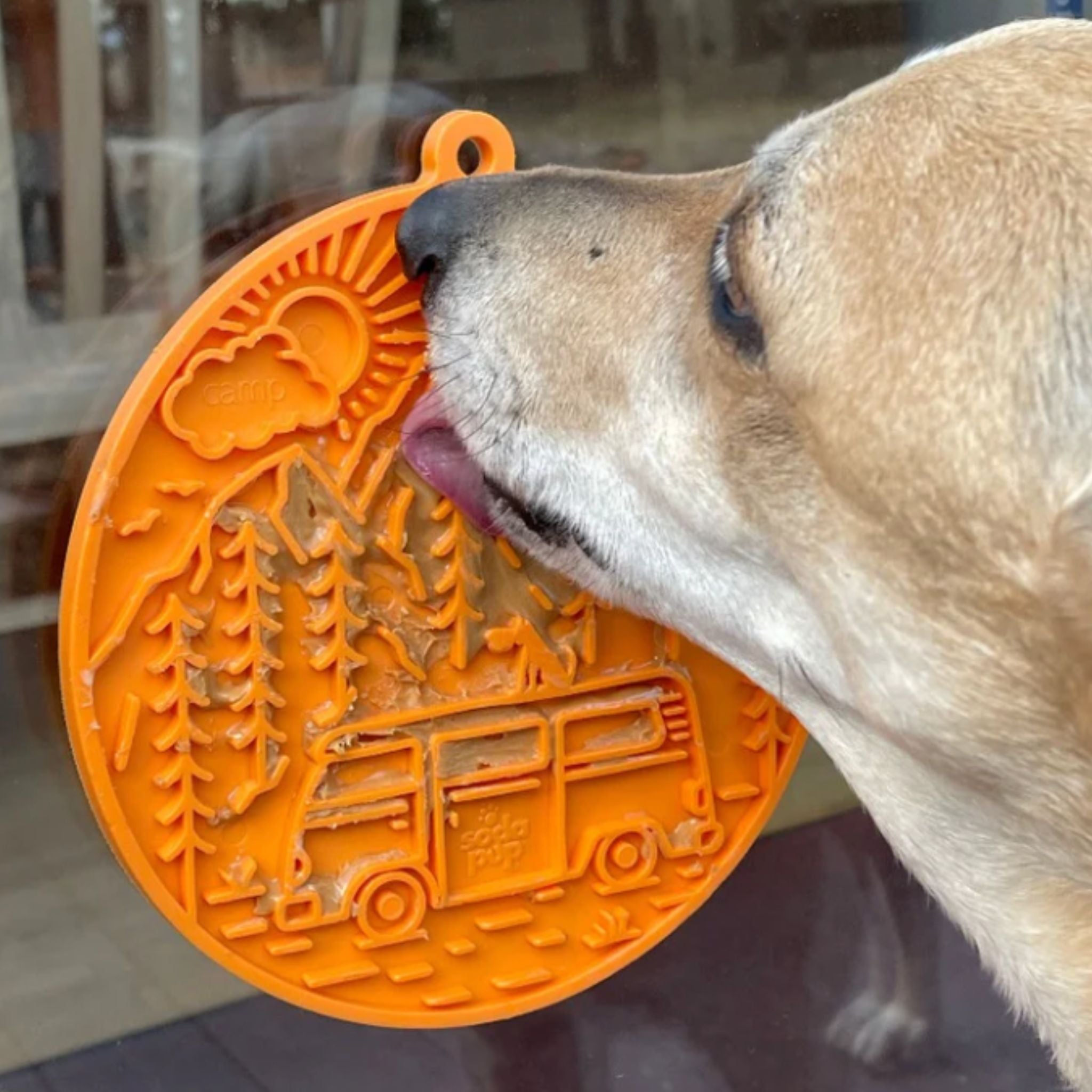 A dog licking a Farm to Pet Orange Camp Lick Mat that is stuck to a window.