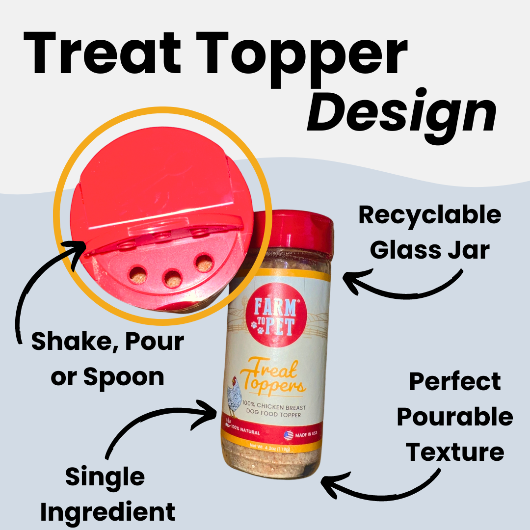 A text and design of Farm to Pet Treat Toppers jar features.