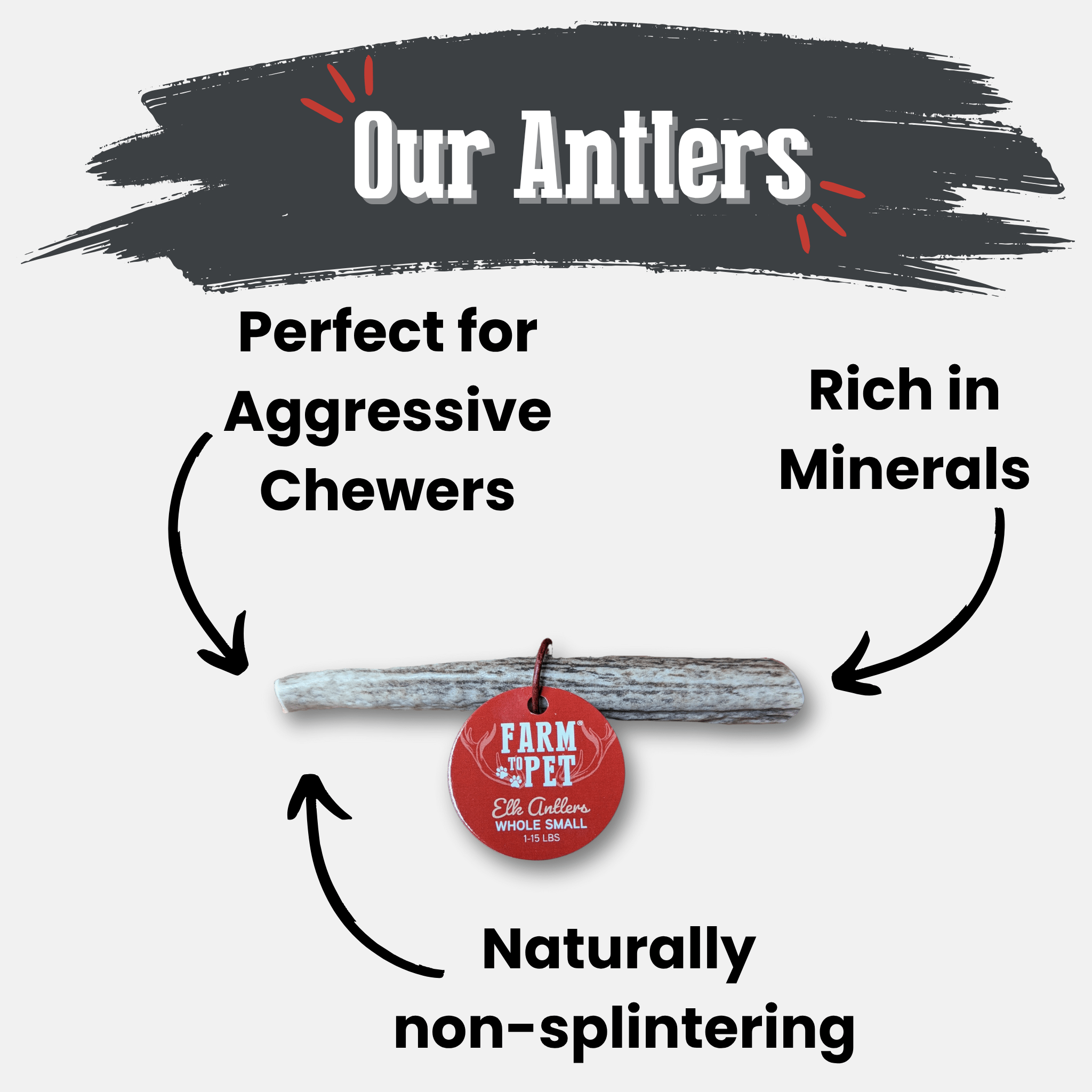Farm to Pet product advertisement for 'Our Antlers' with text highlighting benefits on a white background.
