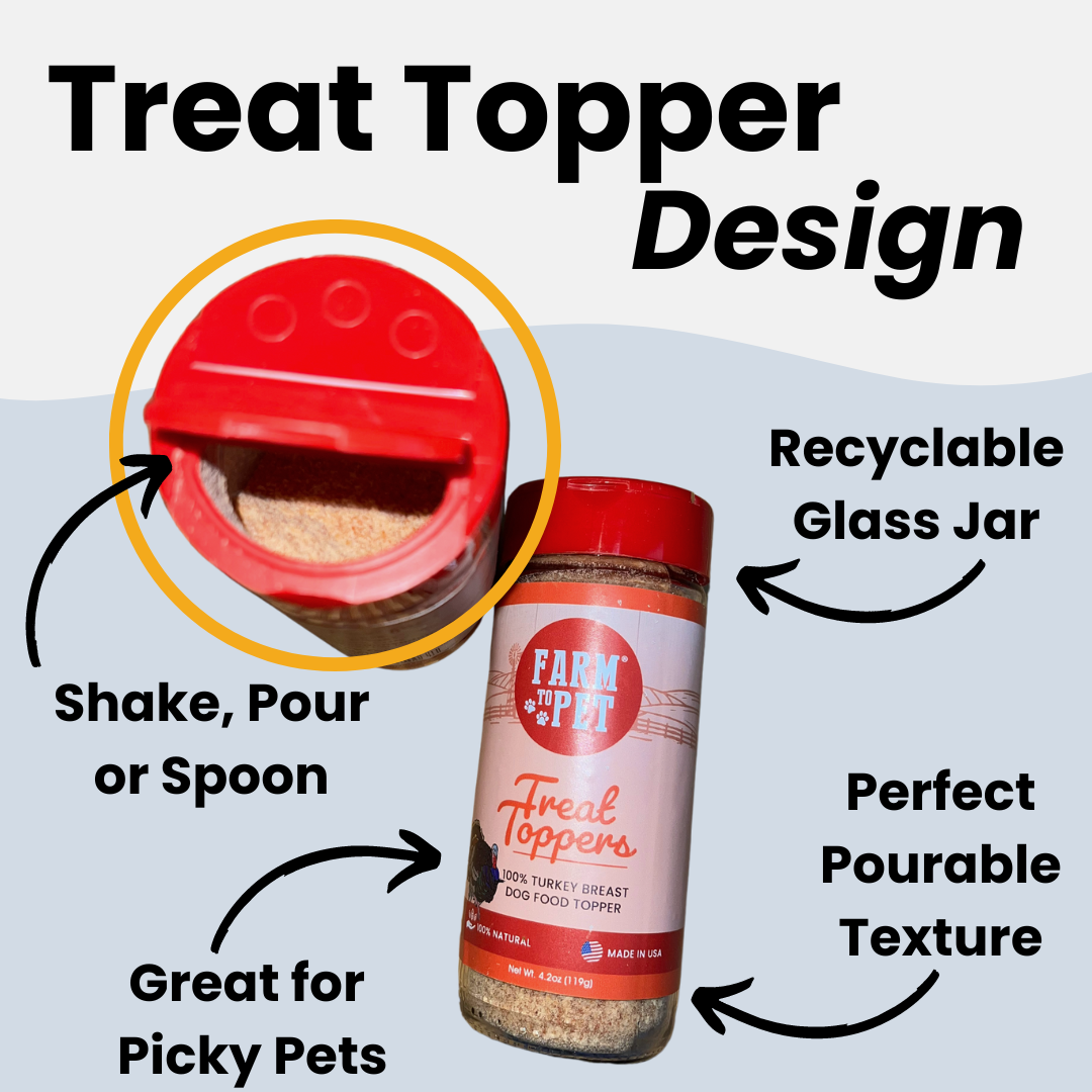 A text on the design of a jar of Farm to Pet Turkey Treat Toppers showing the features of the jar.