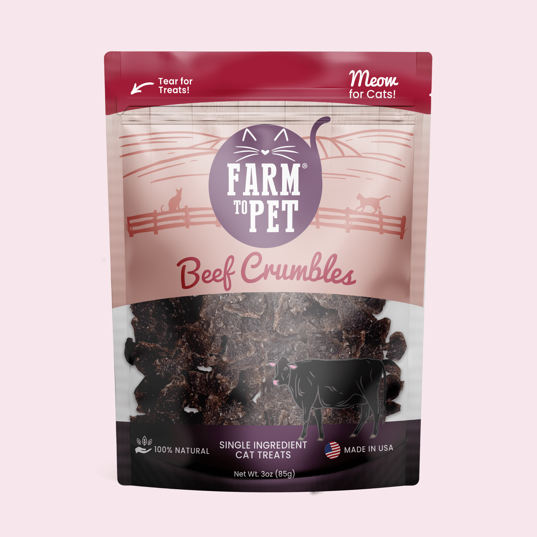 Package of Farm to Pet Beef Crumbles cat treats on a pink background front of bag.