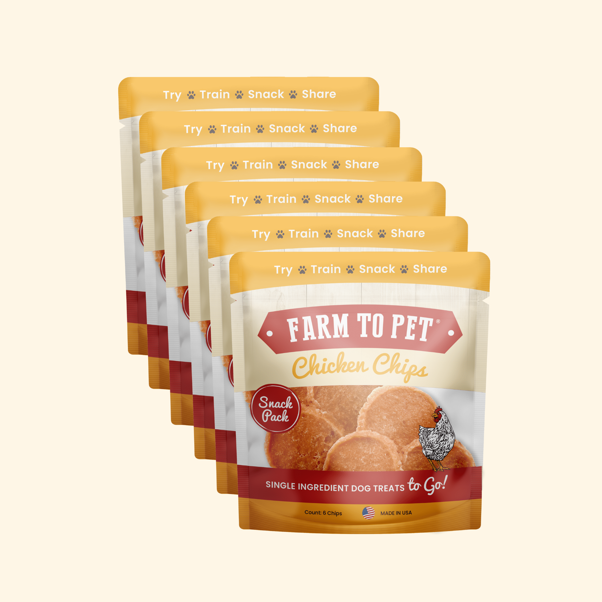 Multiple packages of Farm to Pet Chicken Chips Snack Packs dog treats on a white background