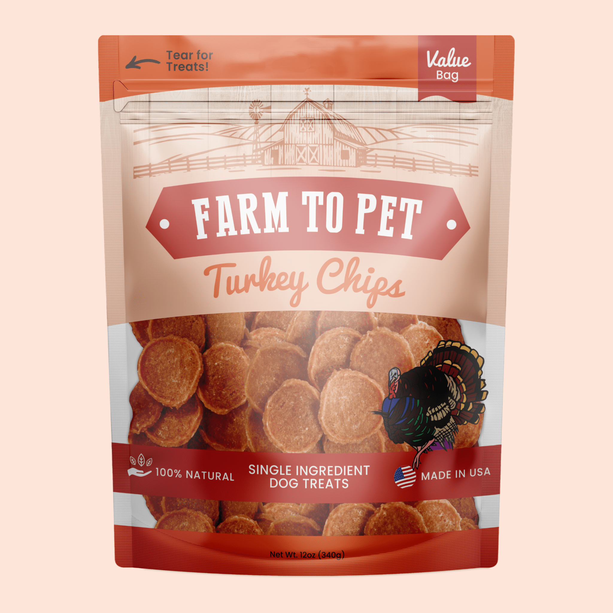 Package of Farm to Pet Turkey Chips dog treats on a beige background.