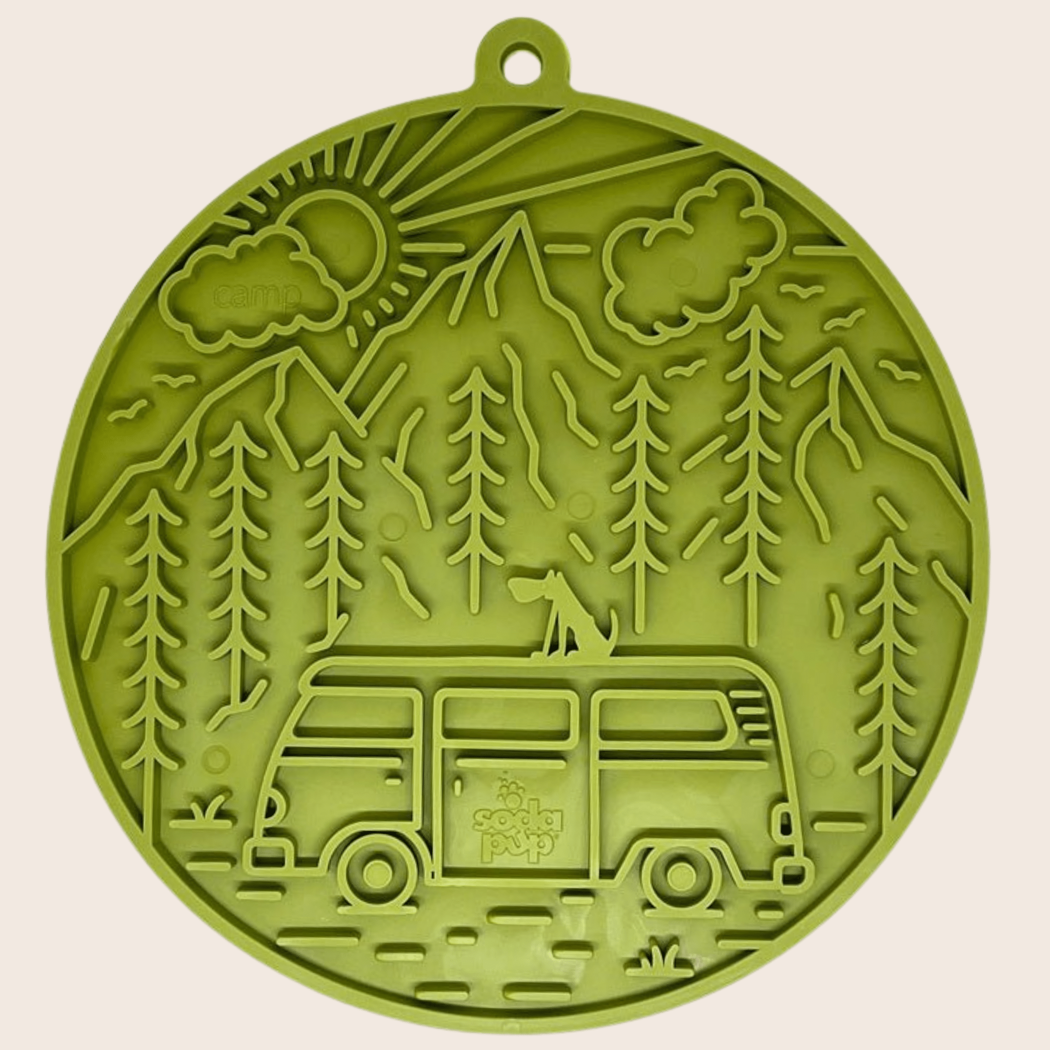 A Farm to Pet Green silicone lick mat  with camping design featuring a van and trees on a beige background.