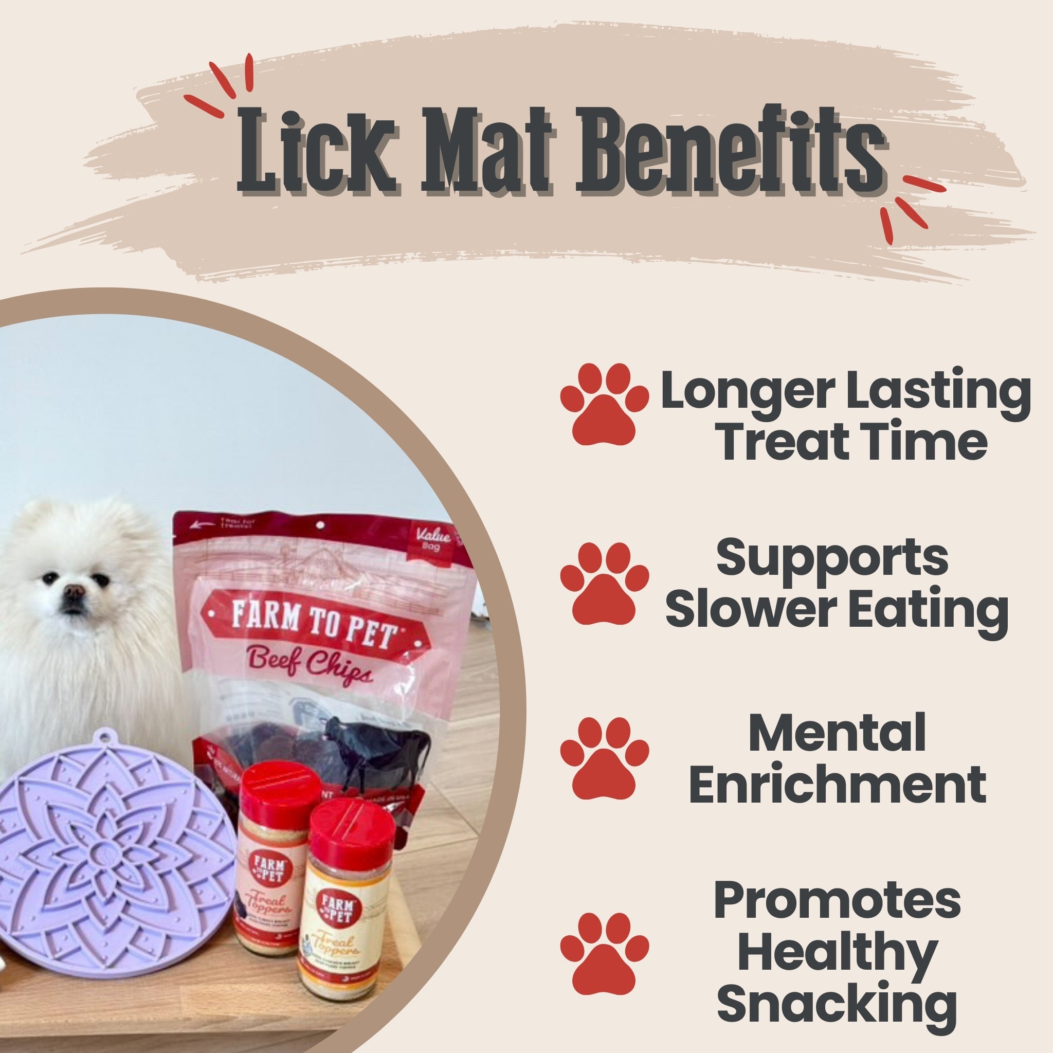 Farm to Pet Lick Mat benefits with a white dog, treats, and a packaging display on a beige background.