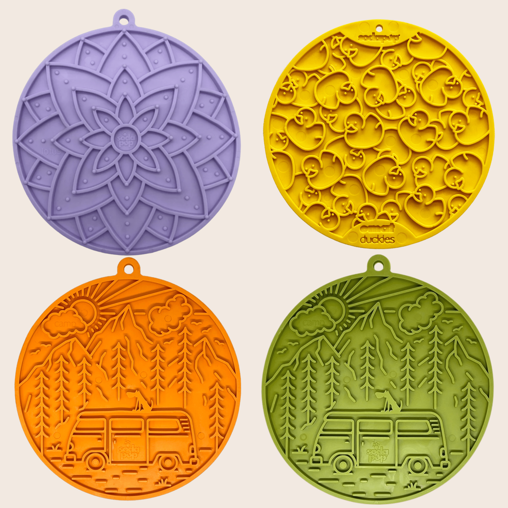 Farm to Pet four round silicone lick mats with unique patterns on a beige background.