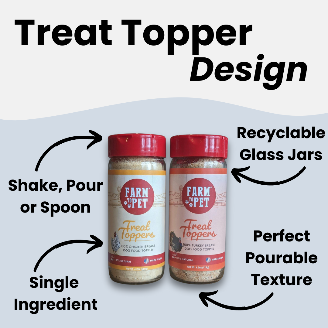 A text and design of Farm to Pet Treat Toppers showing details about the jars.