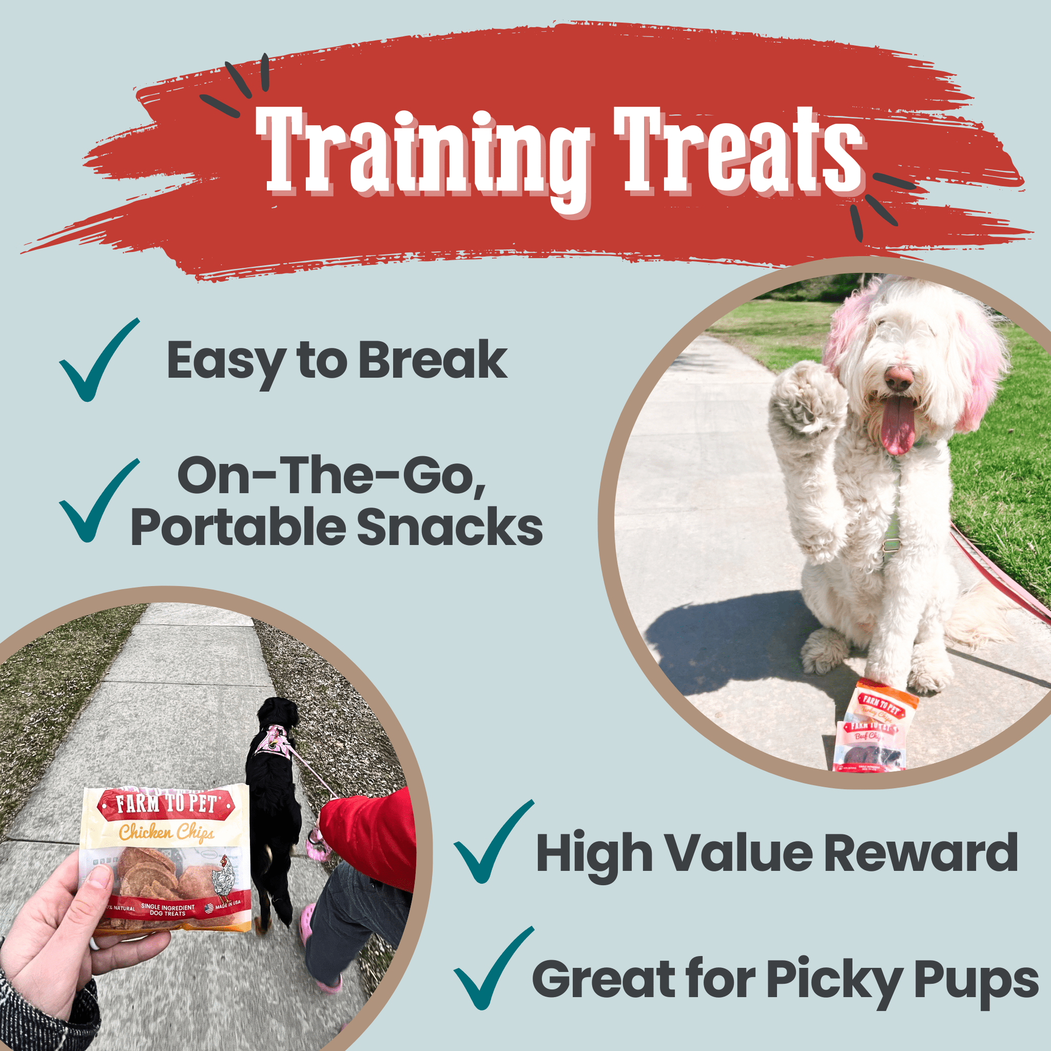 Farm to Pet dog training treats packaging with a dog on a leash and a person holding treats and a dog raising it's paw.