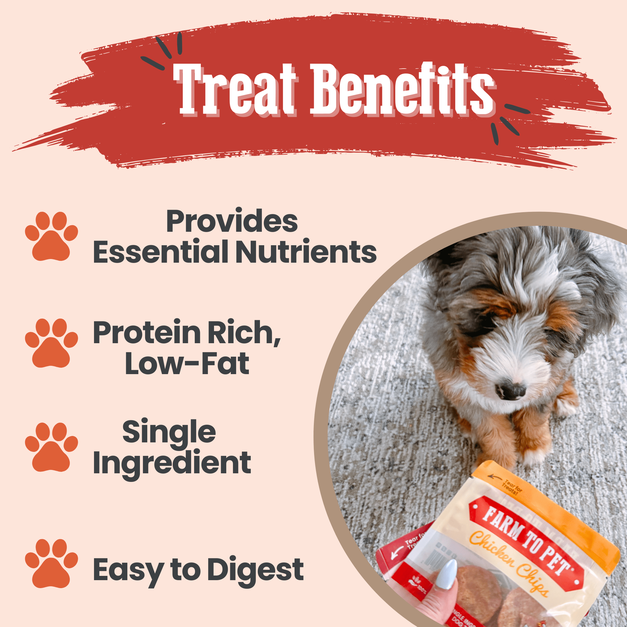 Farm to Pet dog treat packaging with text highlighting benefits on a beige background.