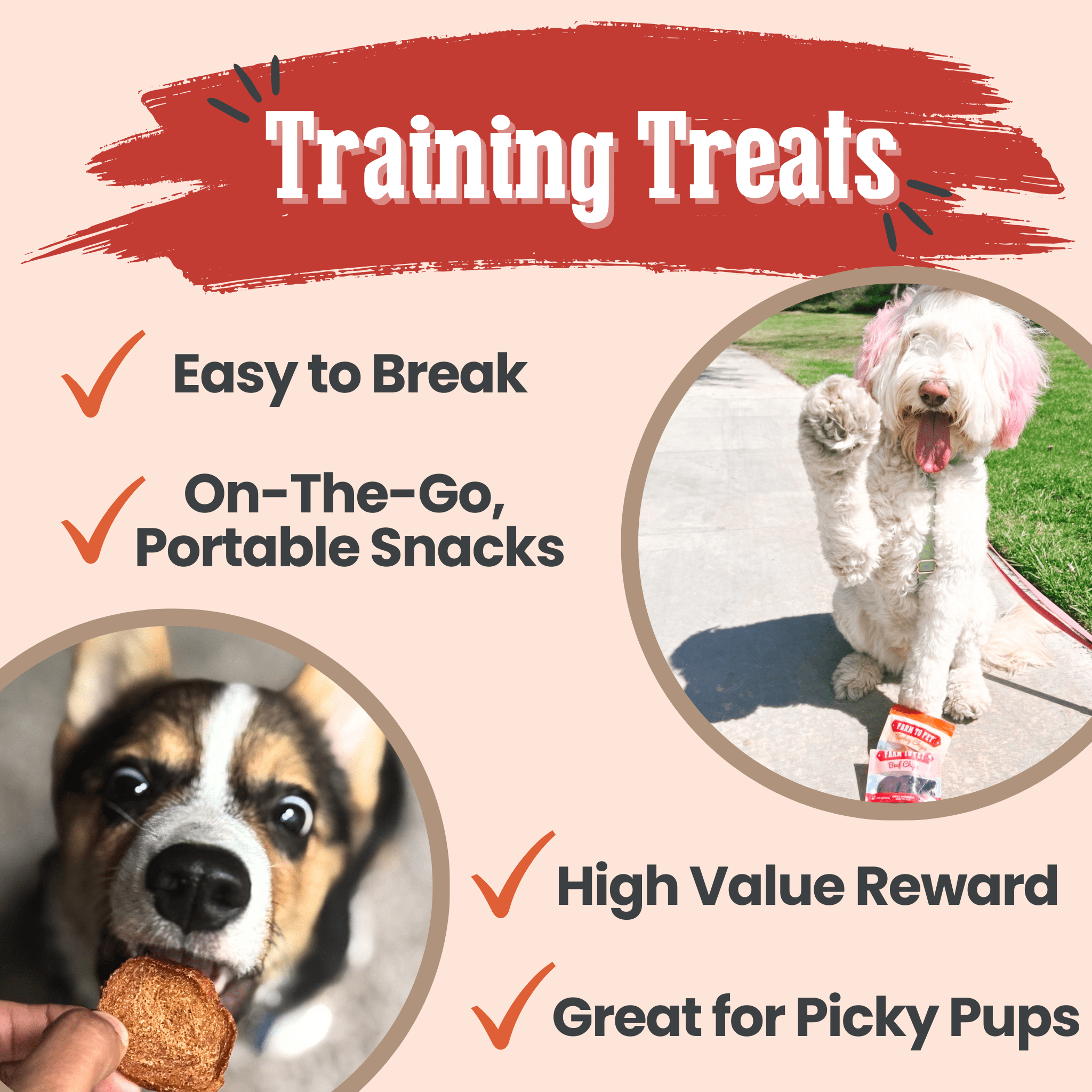 Benefits for Farm to Pet dog training treats with images of dogs and text highlighting features.