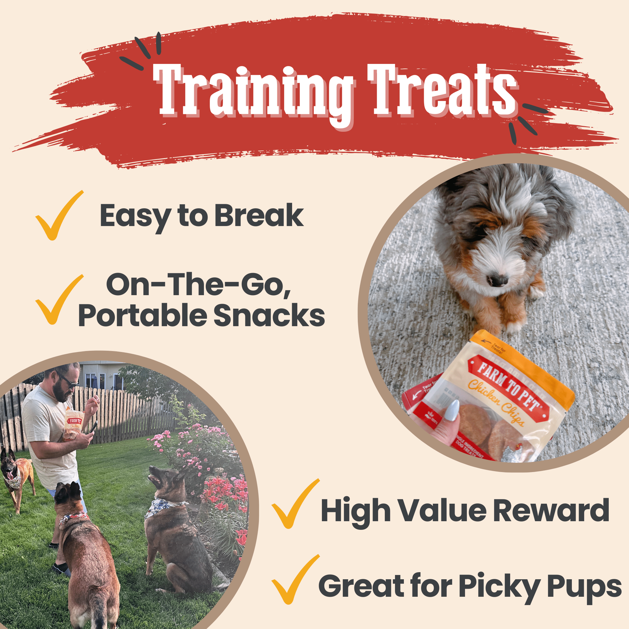 Farm to Pet training treats with images of a dogs and owner in training and text highlighting features.