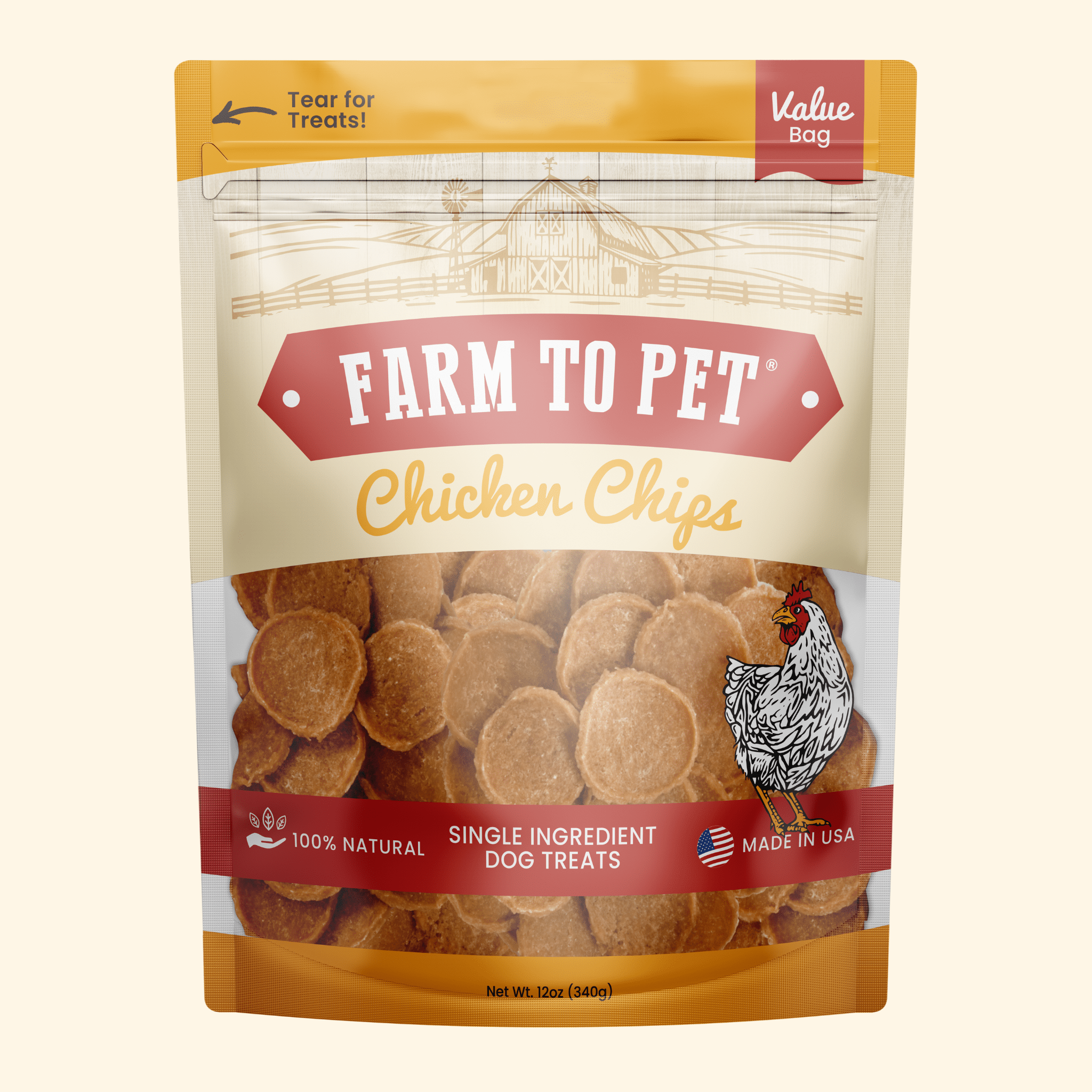 A Package of Farm to Pet Chicken Chips dog treats on a white background.