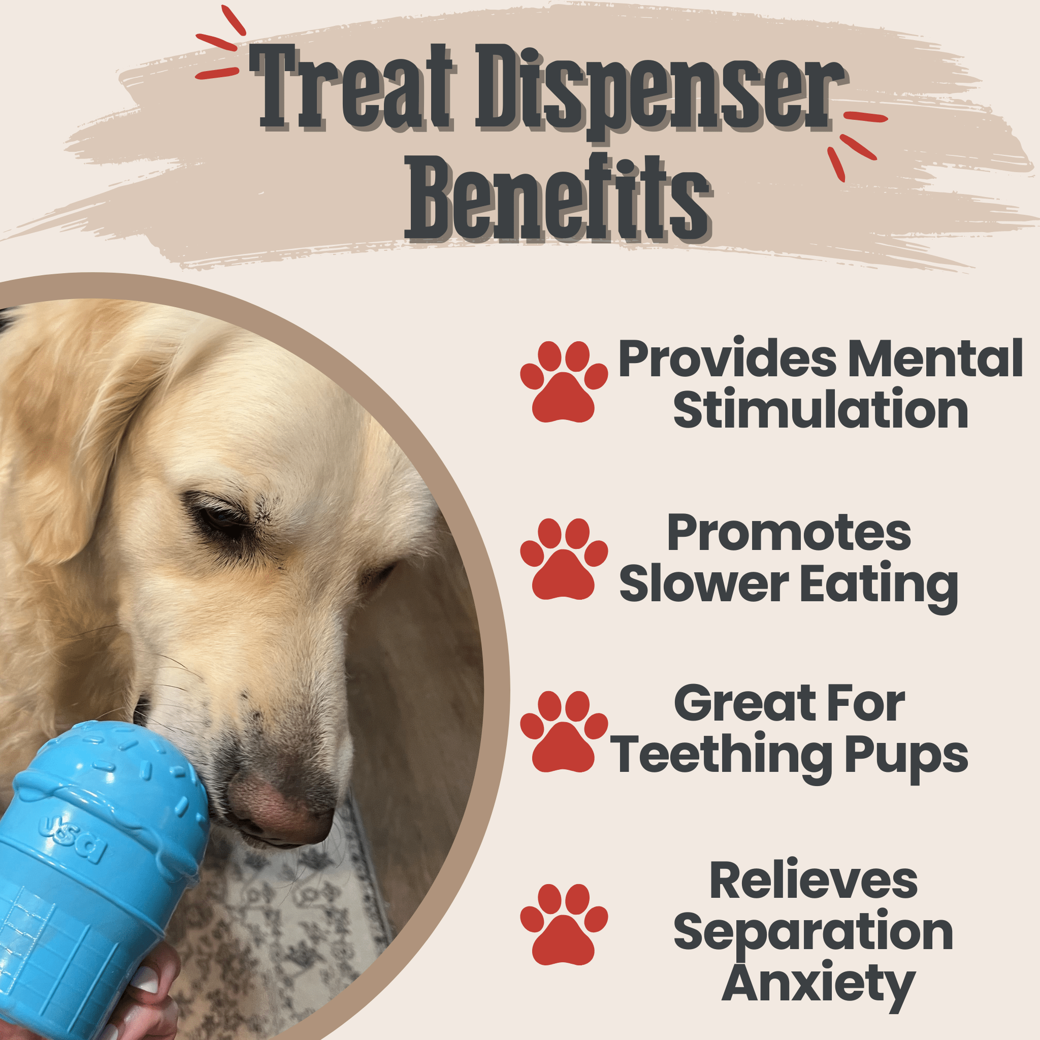 Dog using a Farm to Pet blue ice cream dog treat dispenser with text listing benefits on a beige background showing benefits.