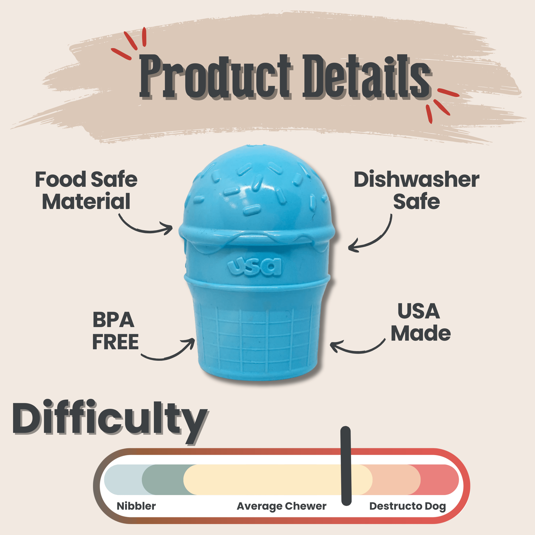 Farm to Pet Dog Treat Dispenser Blue ice cream with product details on a beige background.