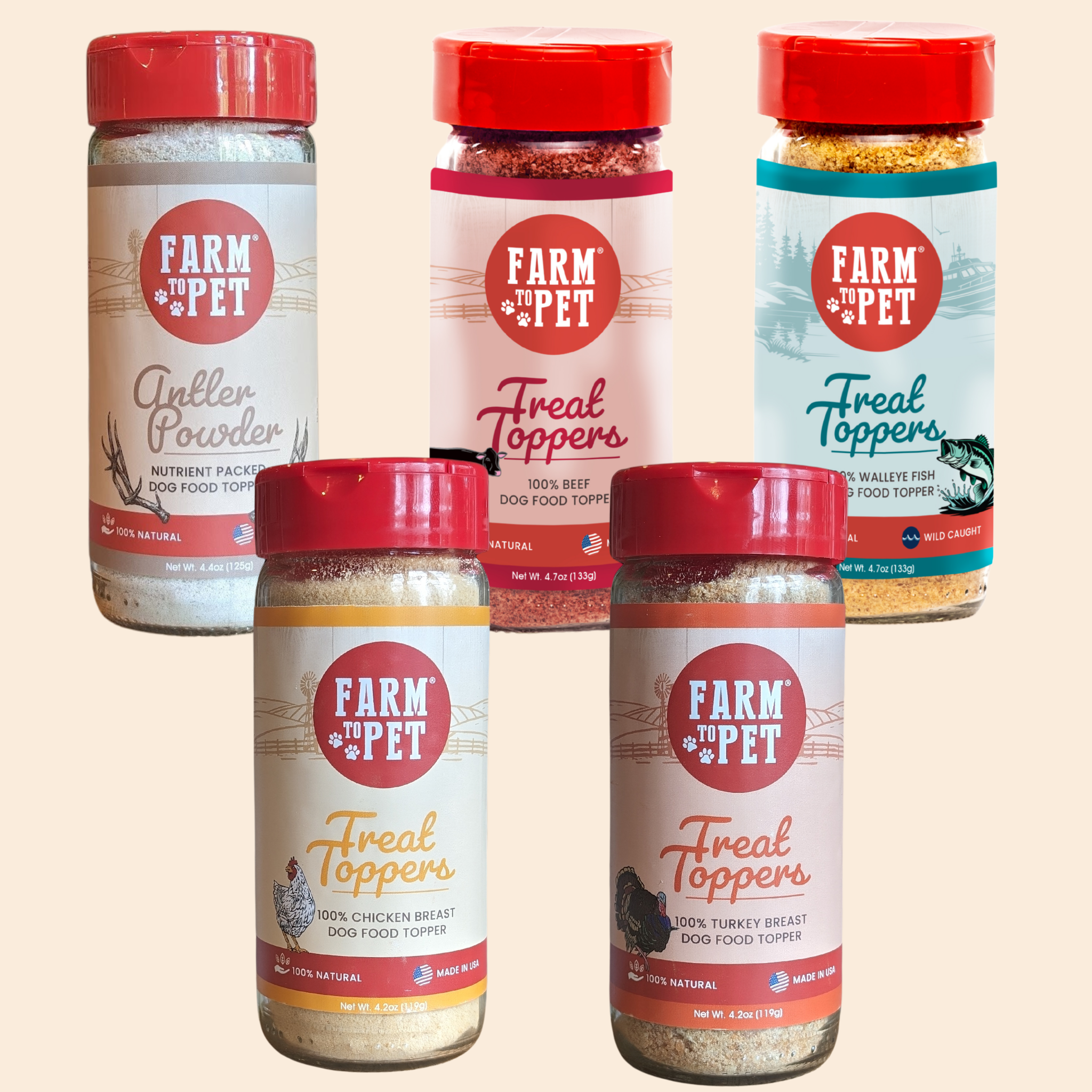 Five bottles of Farm to Pet treat toppers on a beige background.