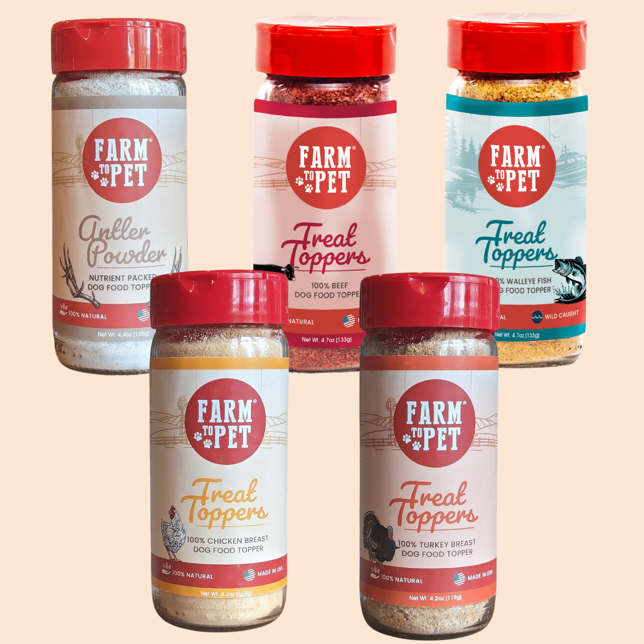Five bottles of Farm to Pet treat toppers on a beige background.