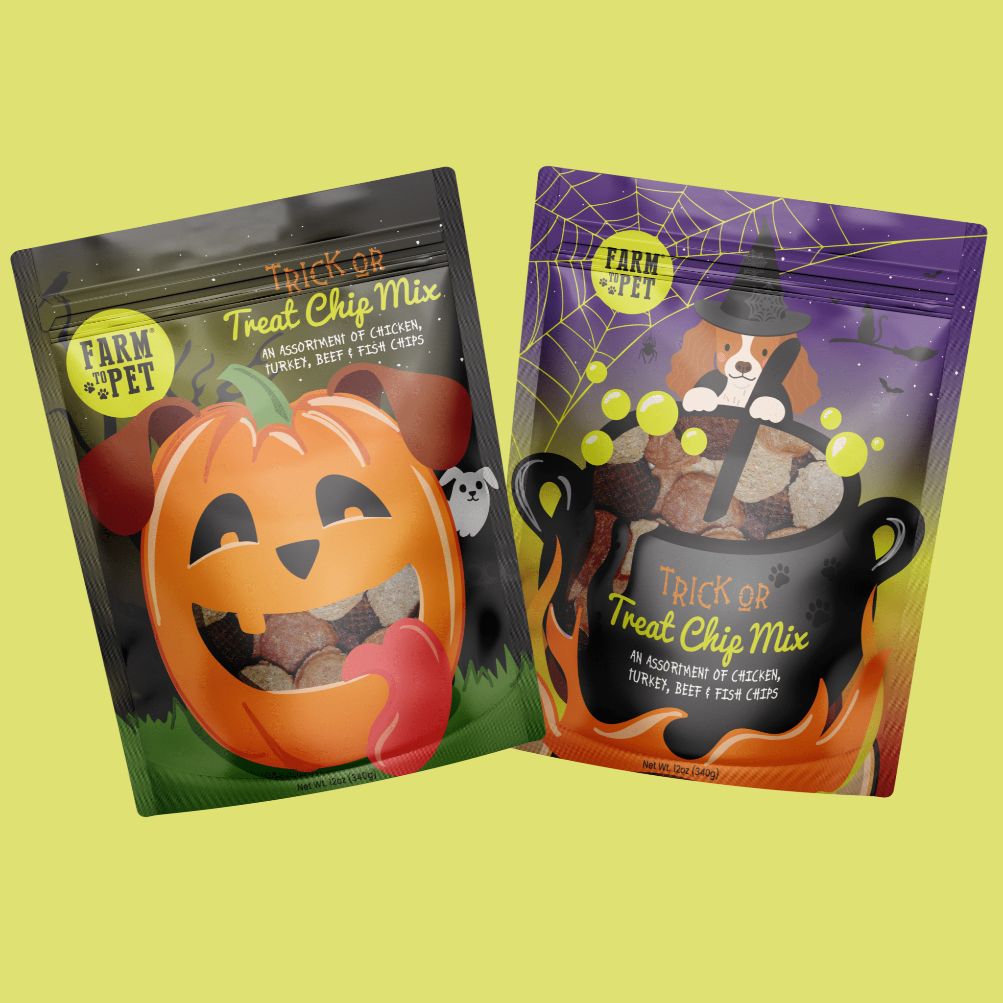 Two 12oz packages of Farm to Pet Trick or Treat Chip Mix with Chicken, Turkey, Beef and Fish in a Halloween-themed design bags on a green background. front of bags 