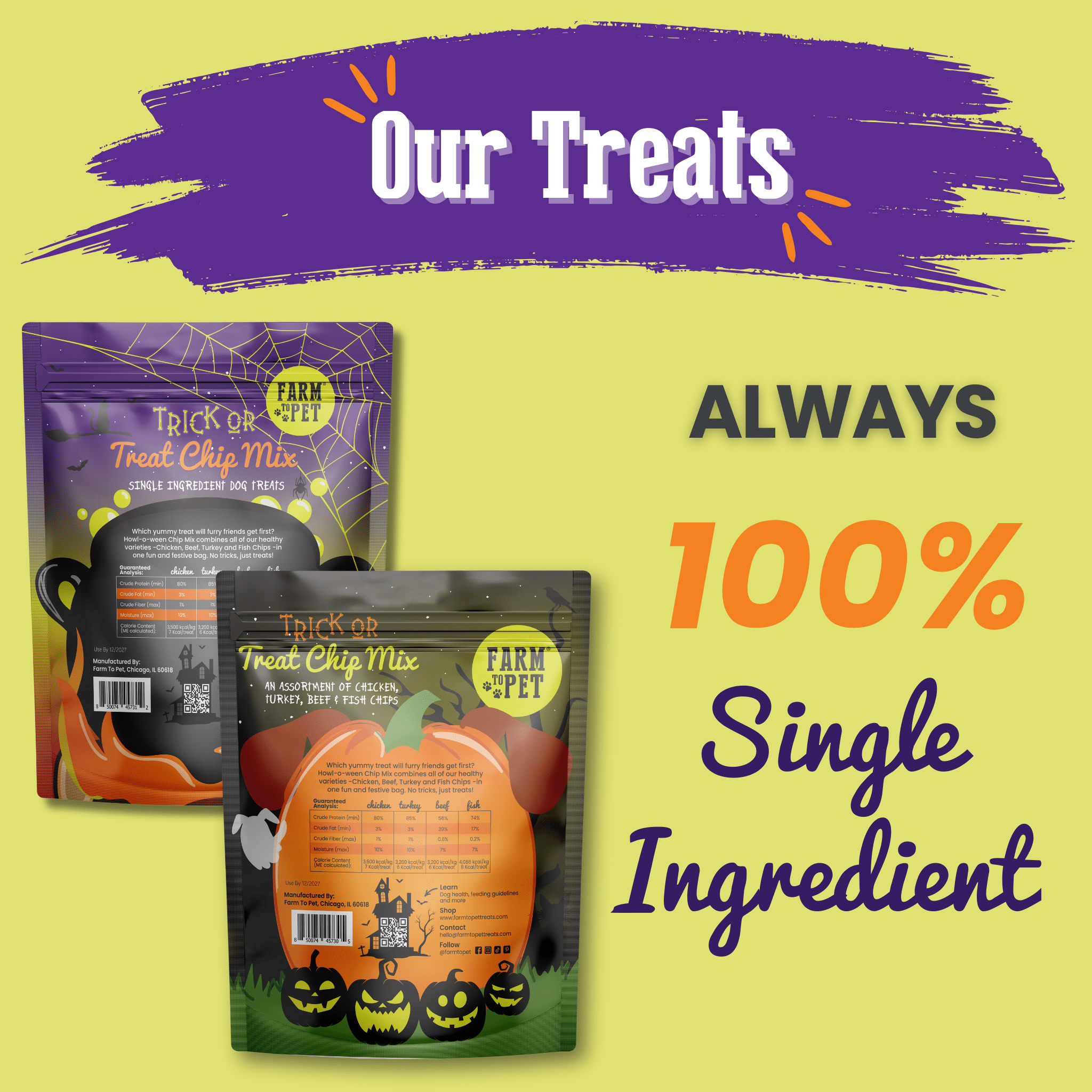 Two 12oz packages of Farm to Pet Trick or Treat Chip Mix with Chicken, Turkey, Beef and Fish in a Halloween-themed design bags on a green background.  A Halloween-themed pet treat package with text about 100% single-ingredient treats on a yellow background back of bags 