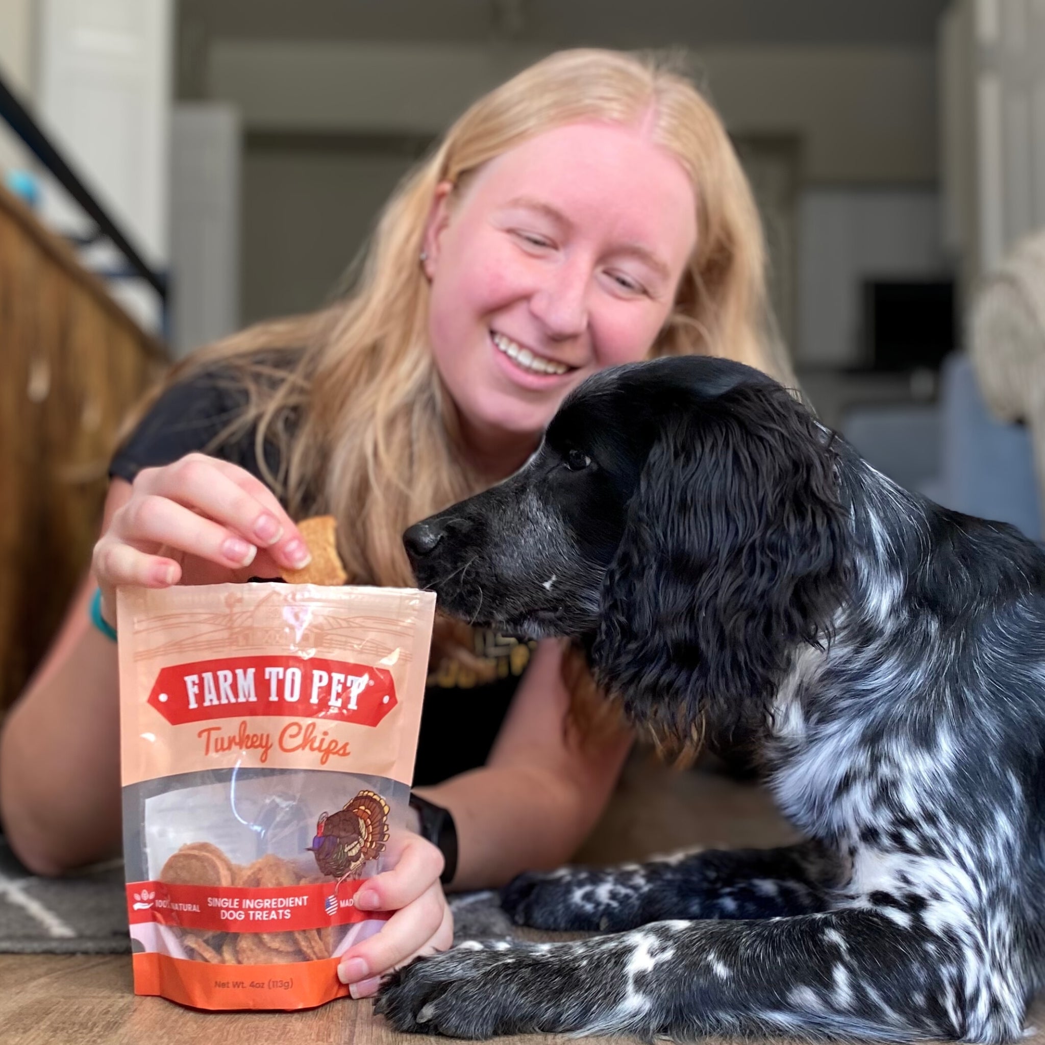 A woman giving her black and white  dog a Farm to Pet Turkey Chip to snack on inside a house.