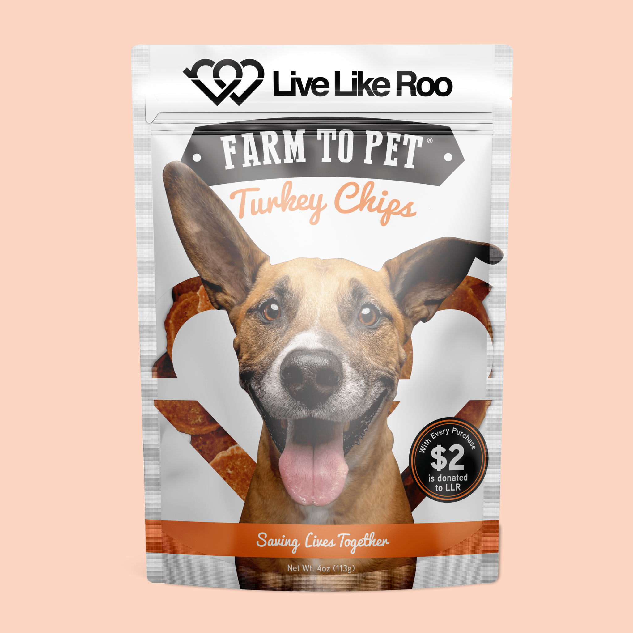 Farm to pet dog food package with a Happy dog's face on the front, featuring the Live Like Roo dog treats that give back.