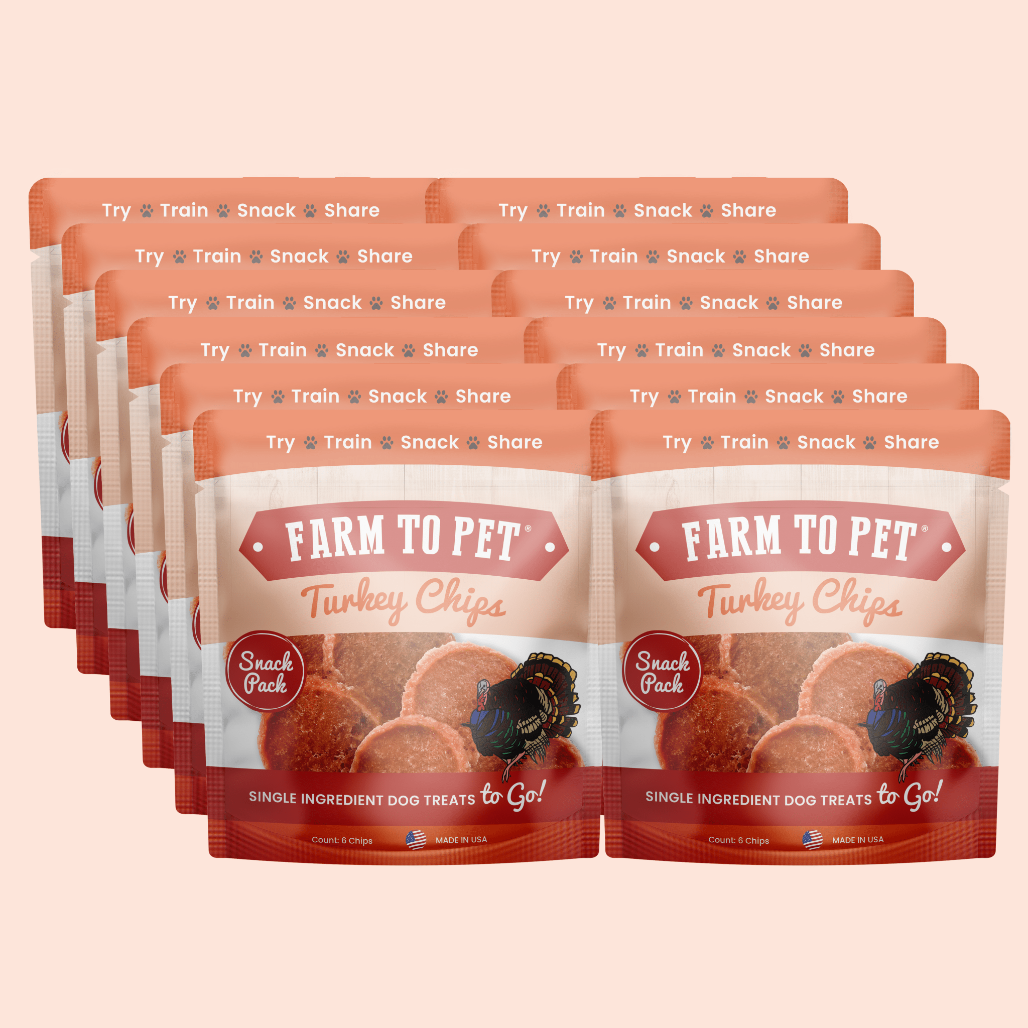 Multiple packages of Farm to Pet Turkey Chips on a light pink background.