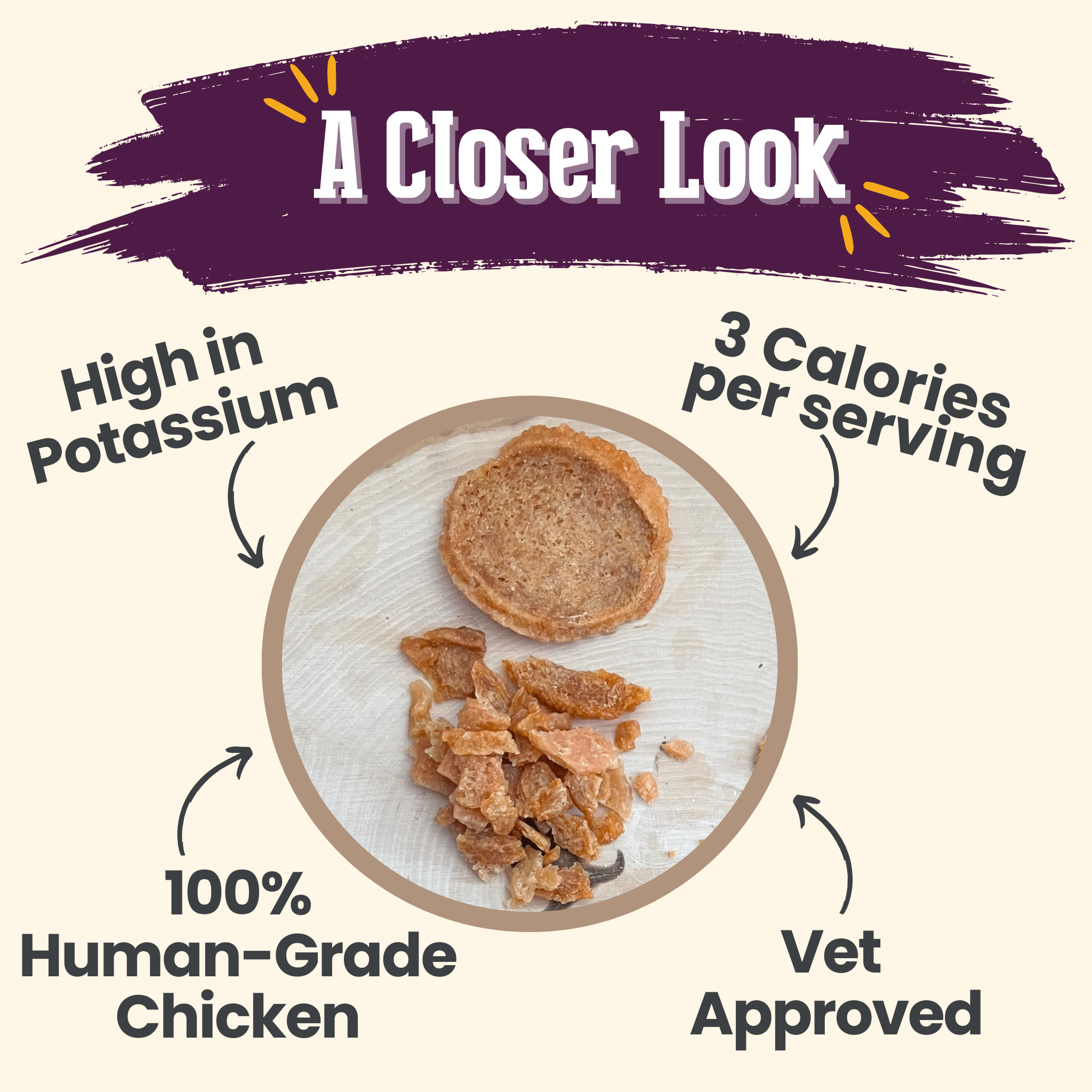 Farm to Pet Chicken Cat Crumbles Dried chicken pieces on a wooden board with health benefits text overlay