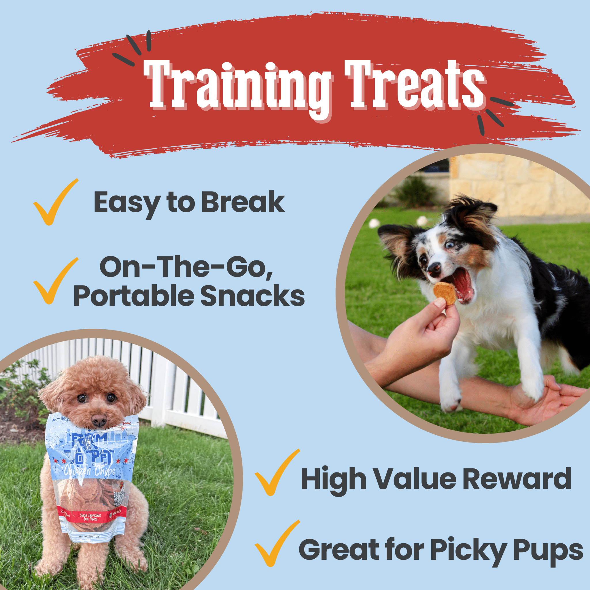 A Dog jumping with Farm to Pet  training treats and another dog holding a bag of Farm to Pet Chicago Chicken Chips in mouth.
