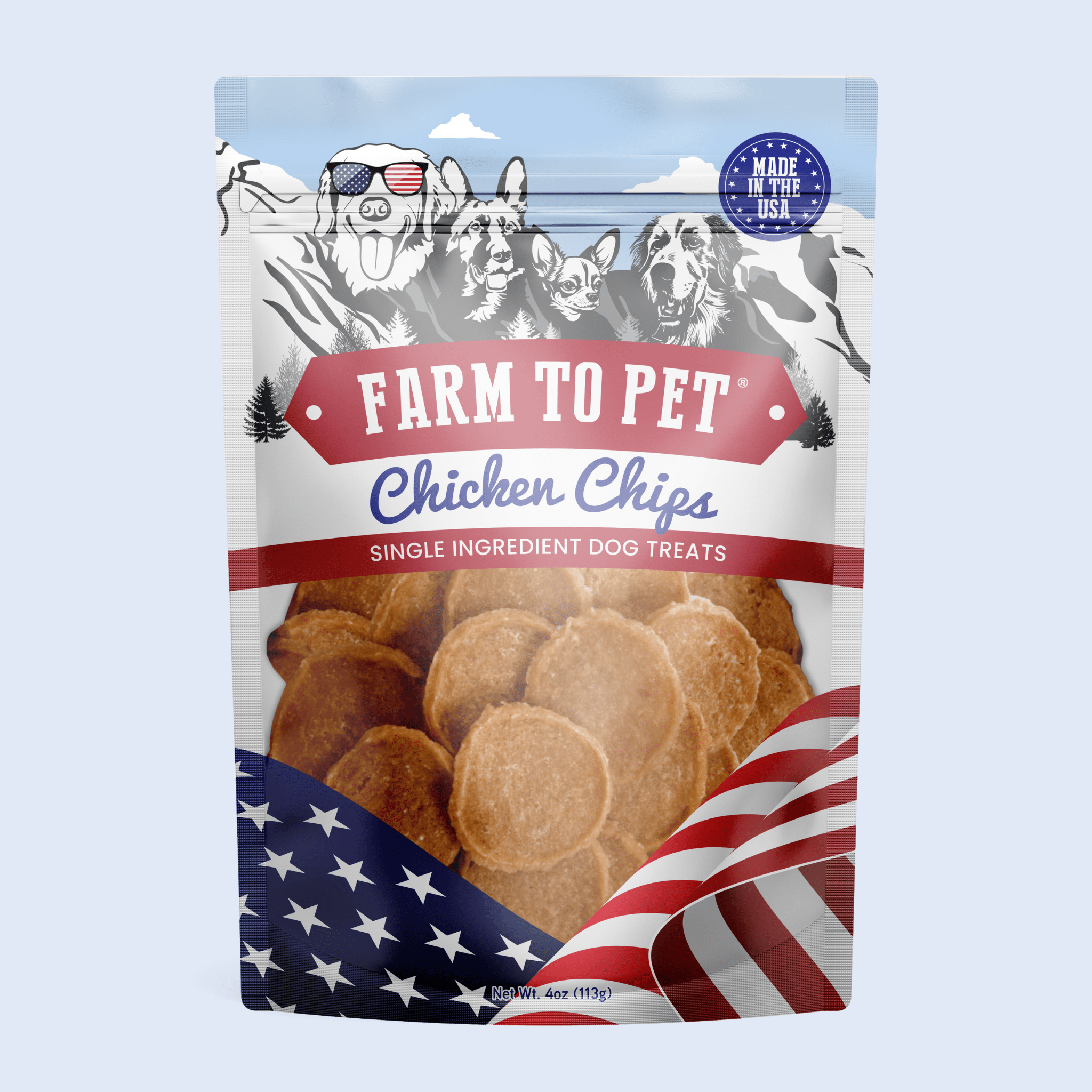 Package of Farm to Pet Chicken Chips dog treats with American flag design on a light blue background.
