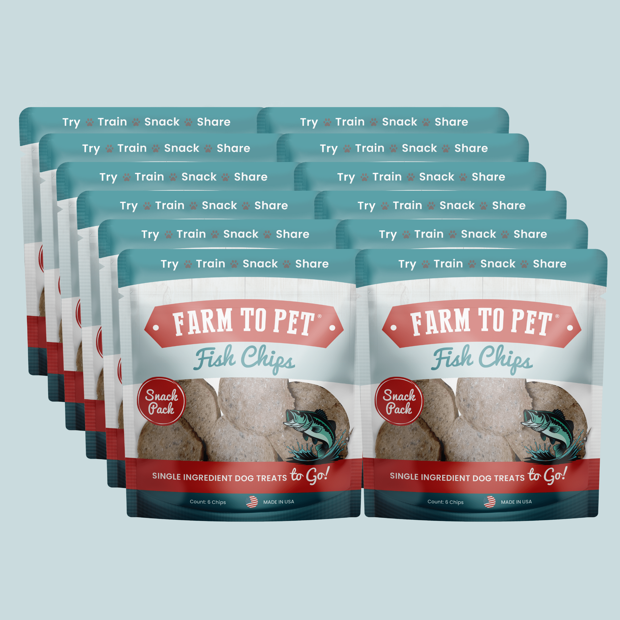 Multiple packages of Farm to Pet Fish Chips on a light blue background.