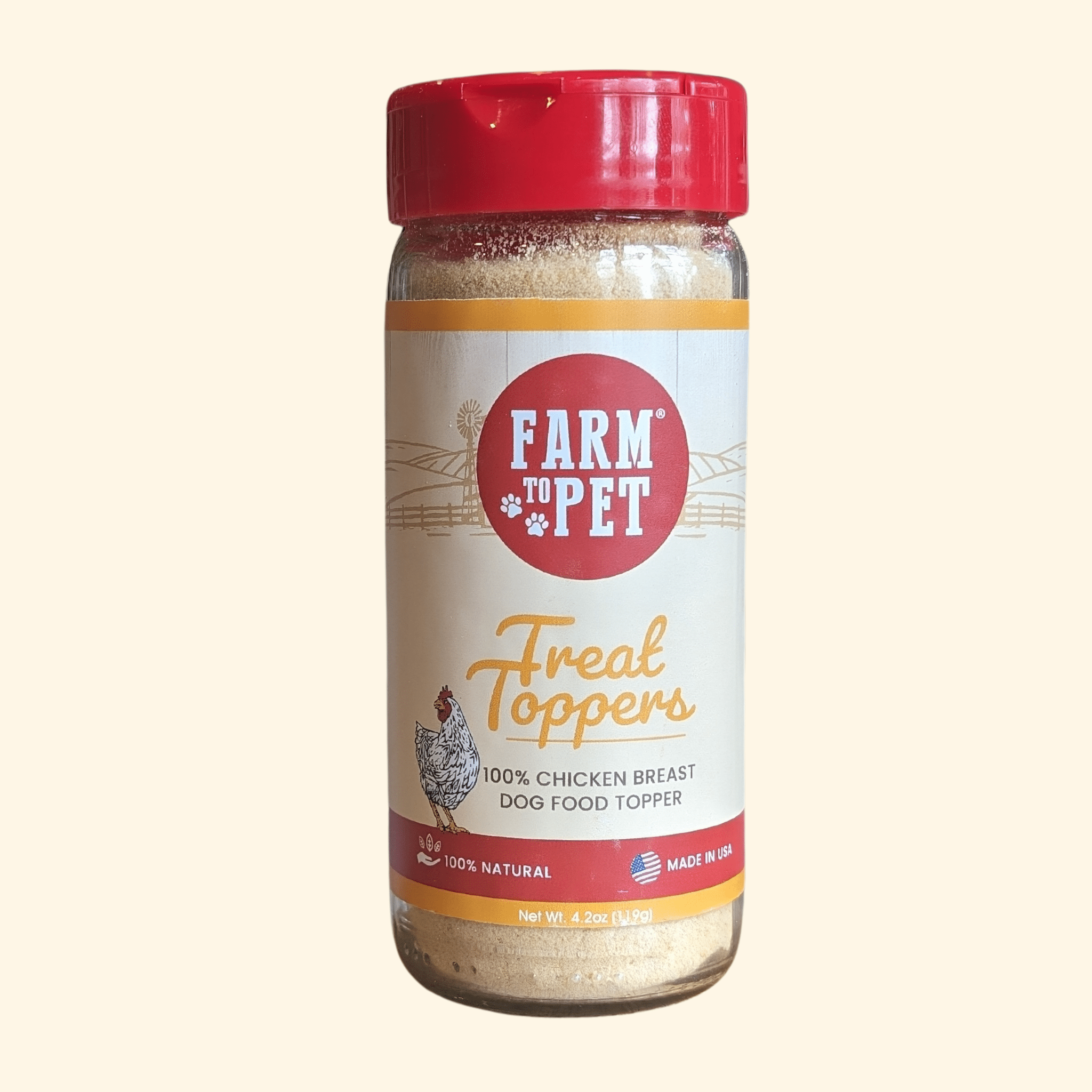 Jar of Farm to Pet Treat Toppers dog food topper on a beige background.