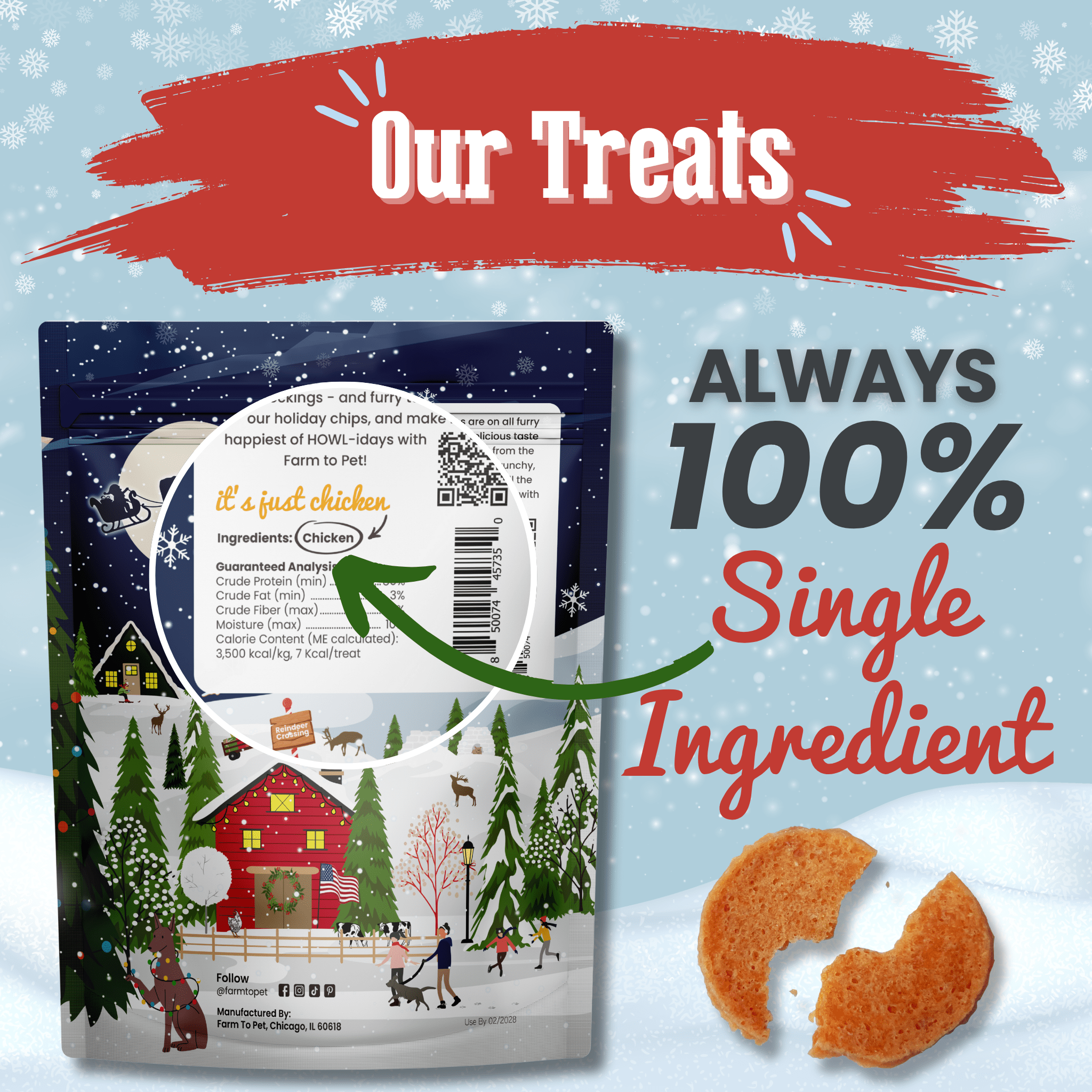 Dog treat package with a winter scene design, featuring text about single-ingredient treats.