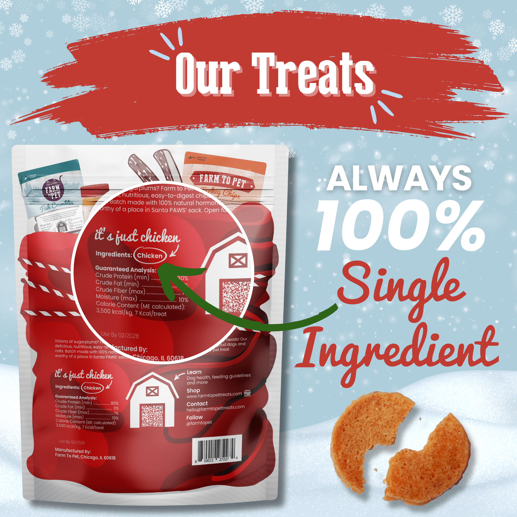 Farm to pet holiday chicken chips package with text 'Our Treats Always 100% Single Ingredient' on a snowy background