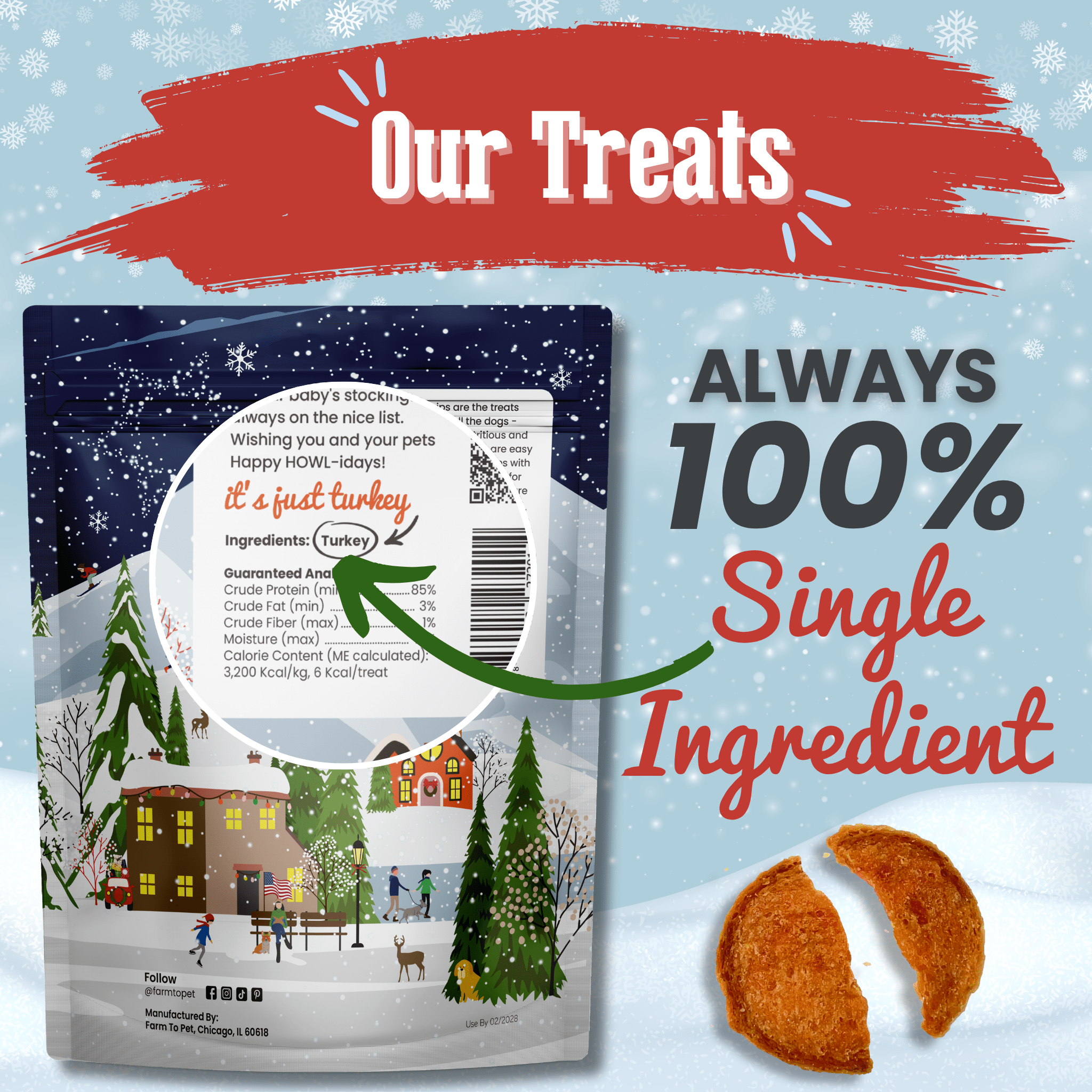 Dog treat package with winter scene illustration and text about single-ingredient treats.