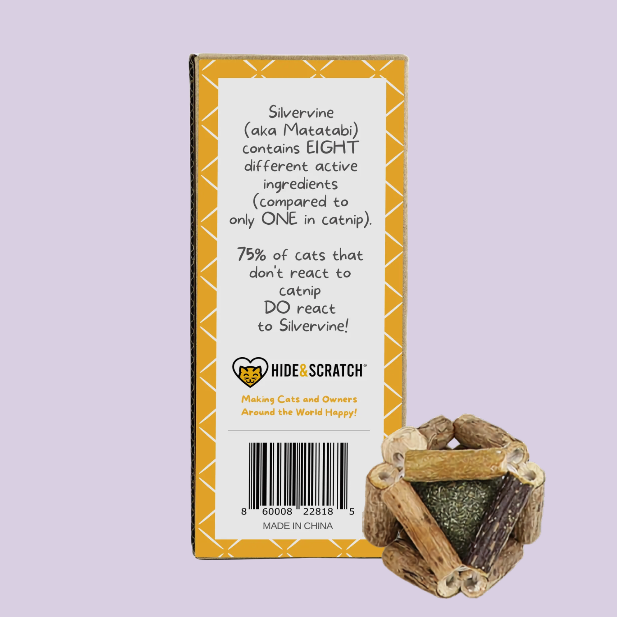 Hide & Scratch Silvervine Ball Toys packaging with wooden toy on a light purple background
