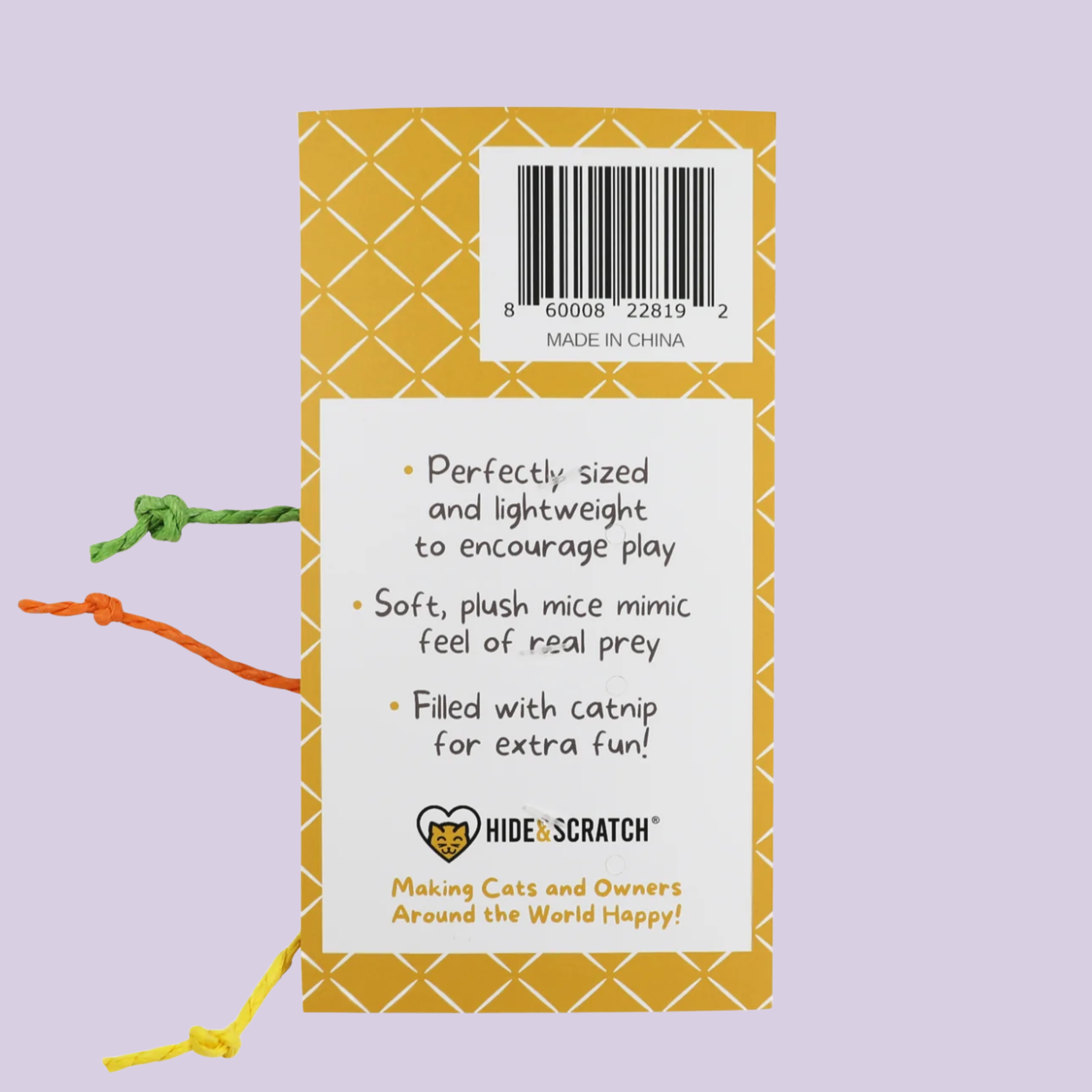 Product label with text and a barcode on a purple background