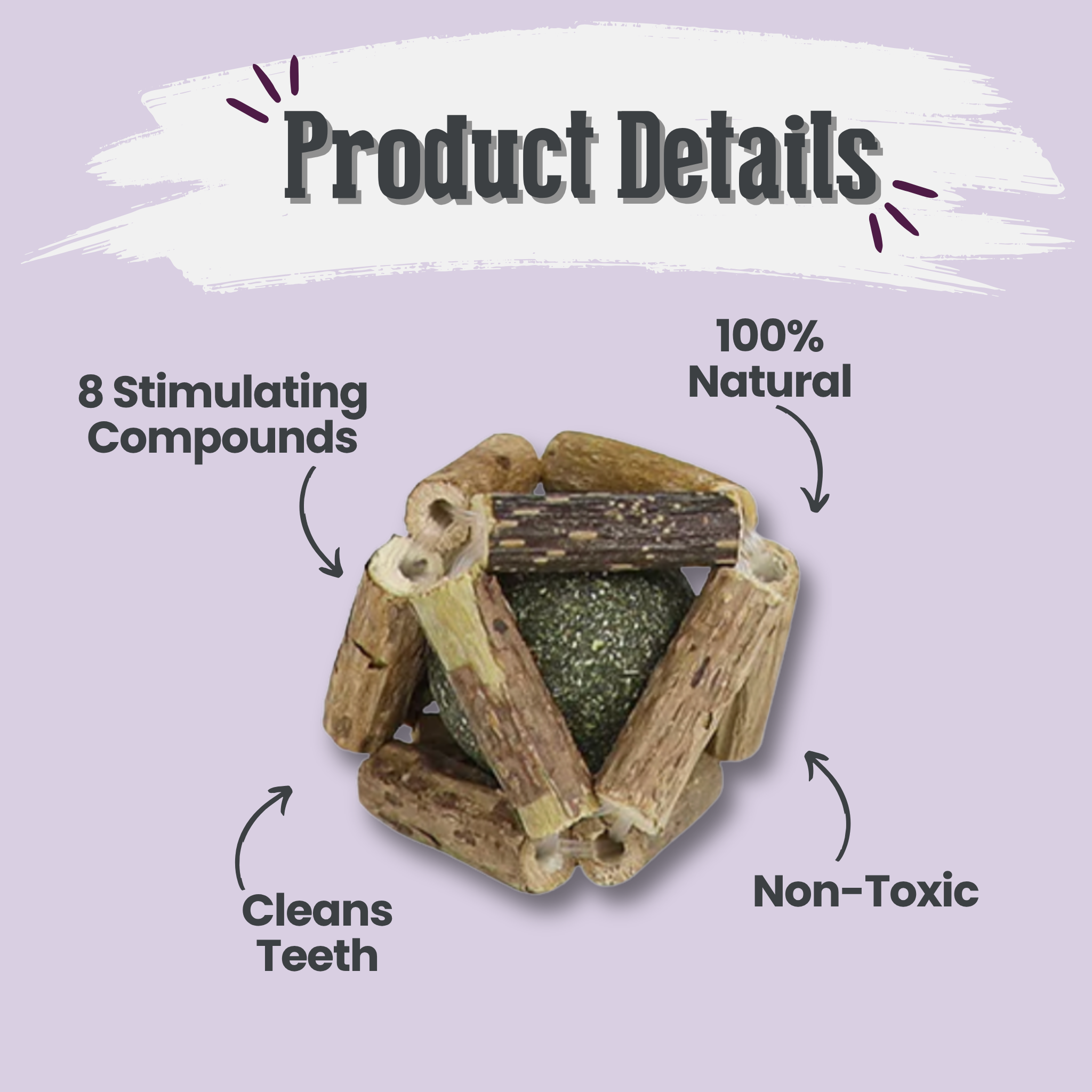 Wooden pet chew toy with text highlighting product details on a light purple background