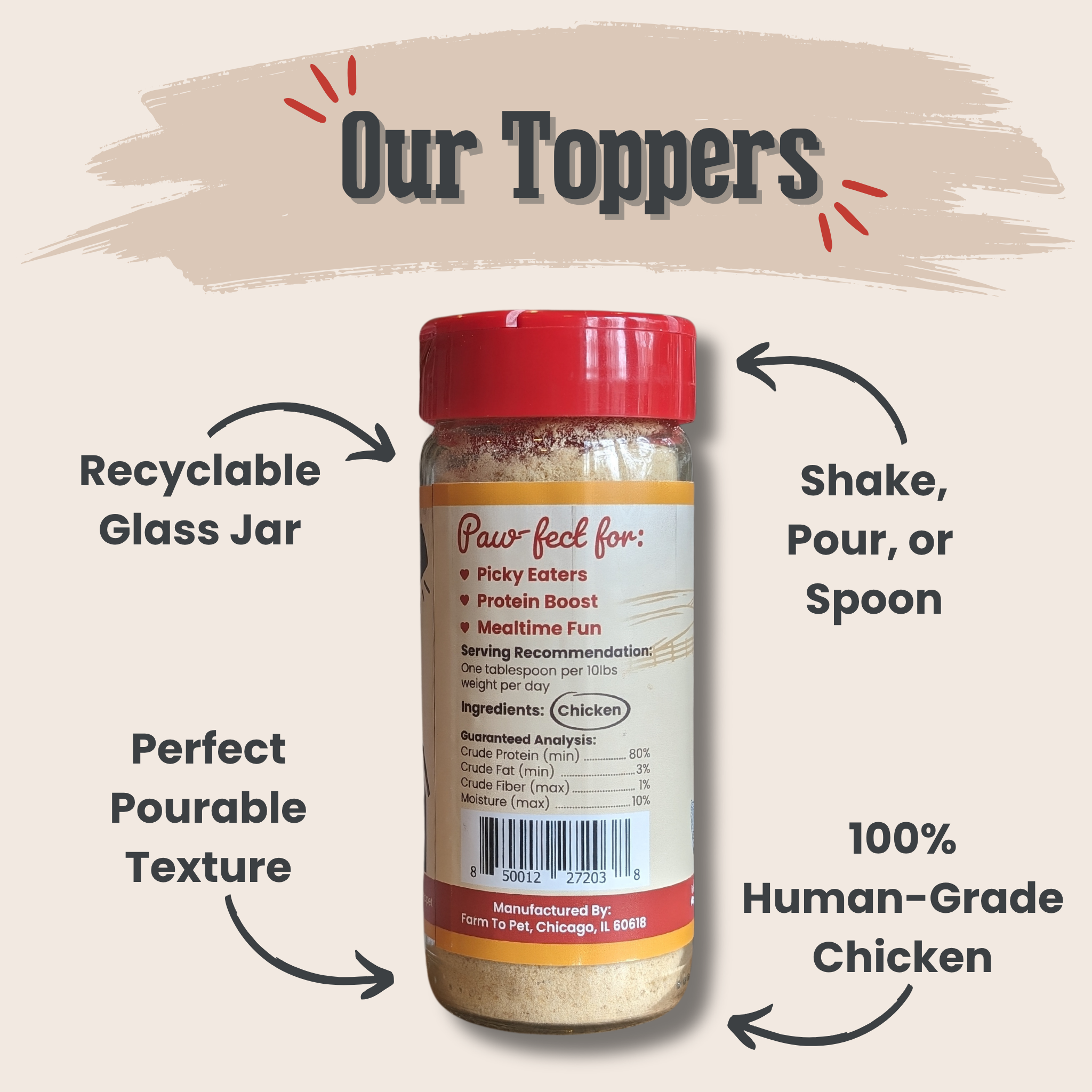 Jar of chicken powder with text highlighting features like recyclable glass jar, perfect pourable texture, and 100% human-grade chicken.
