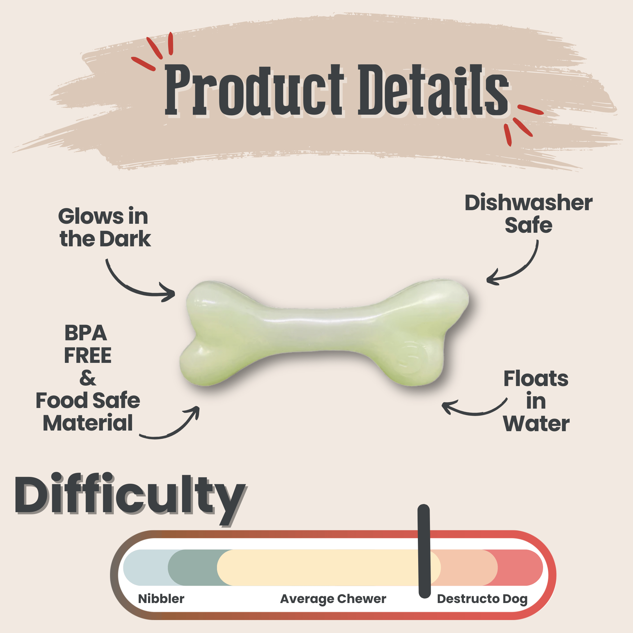 Product details of a GLOW IN THE DAR bone-shaped chew toy with features like 'Glow in the Dark', 'BPA Free & Food Safe Material', 'Dishwasher Safe', 'Floats in Water'.