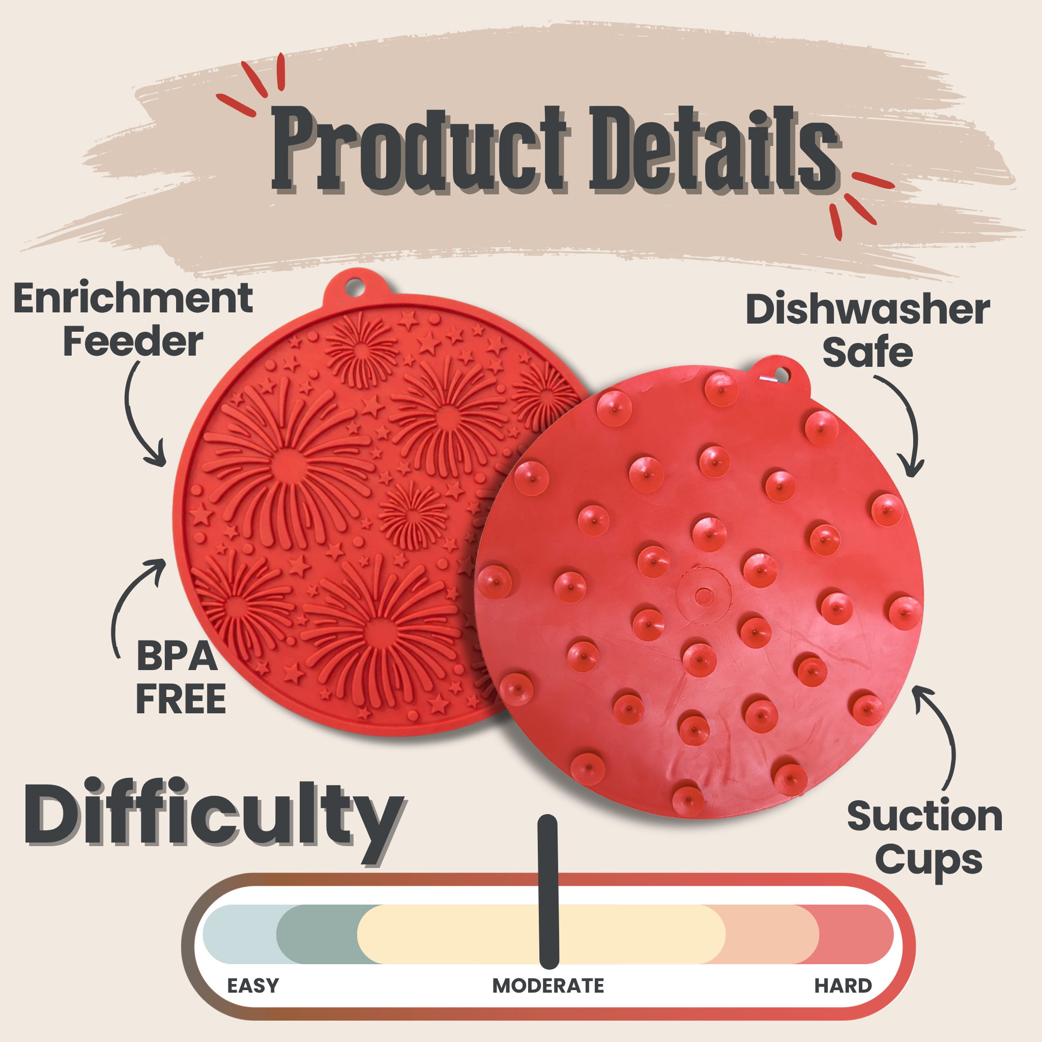 front and back of Red silicone lick mat with text detailing features on a beige background