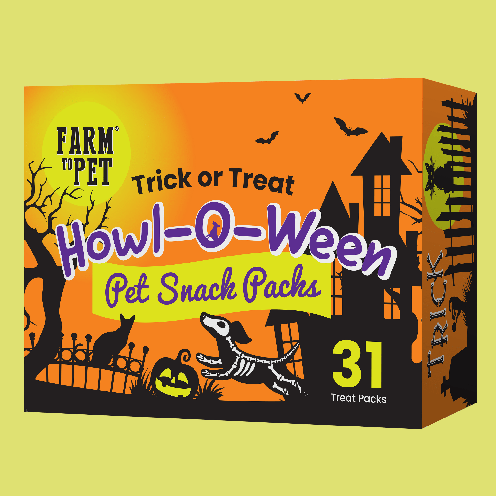 A Farm to Pet Halloween-themed pet snack packs box with orange, black, and yellow design. Front 