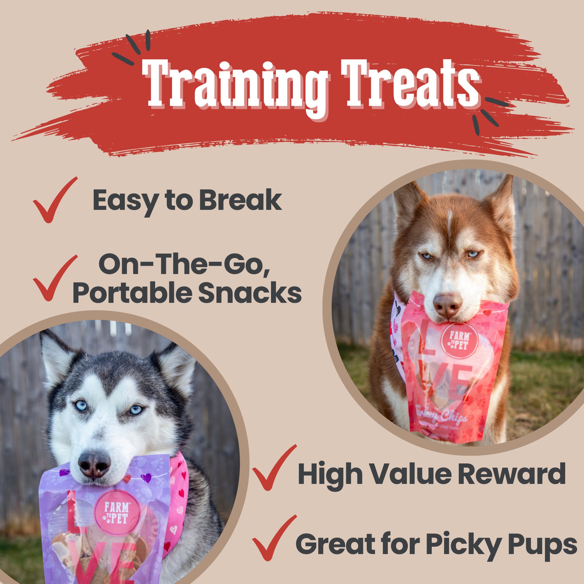 Dog training treats packaging with two dogs and text highlighting features.
