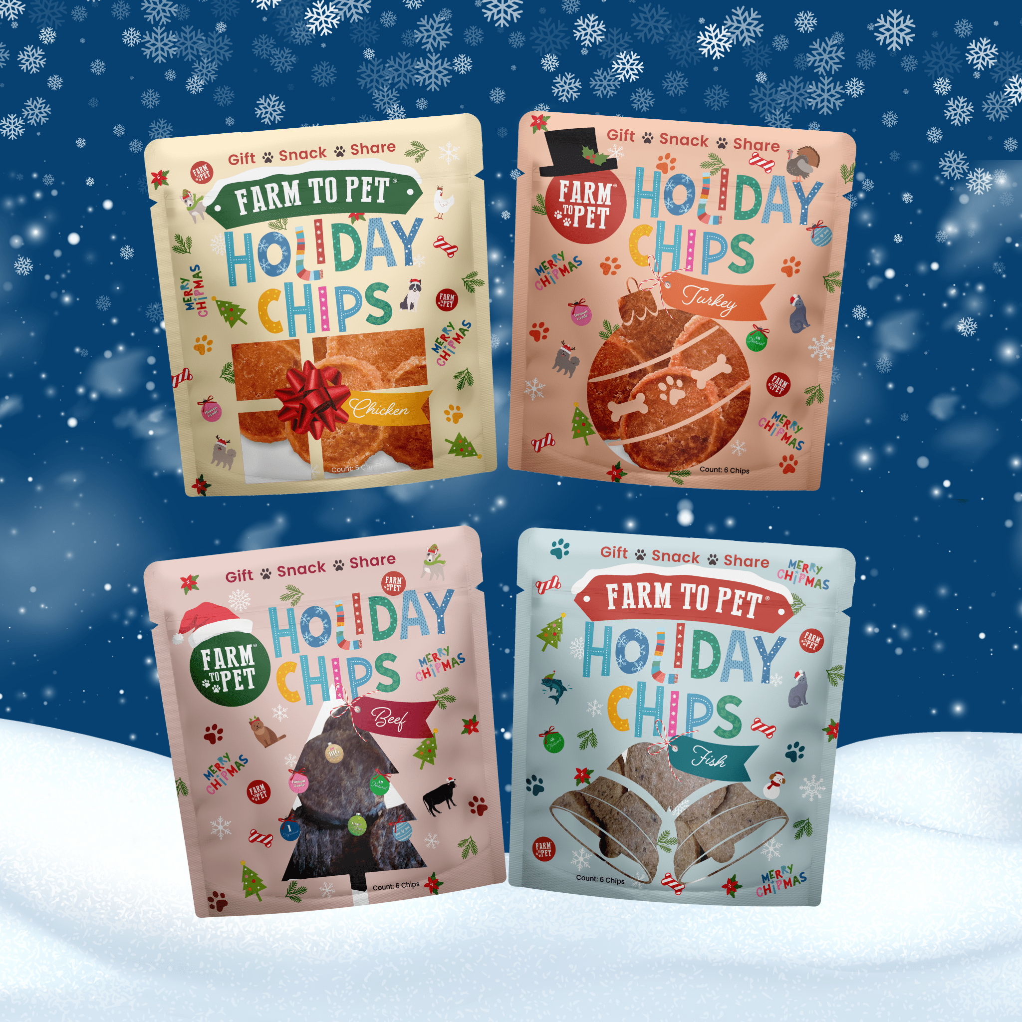 Four dog treats of 'Farm to Pet Holiday Chips' on a snowy background with snowflakes.