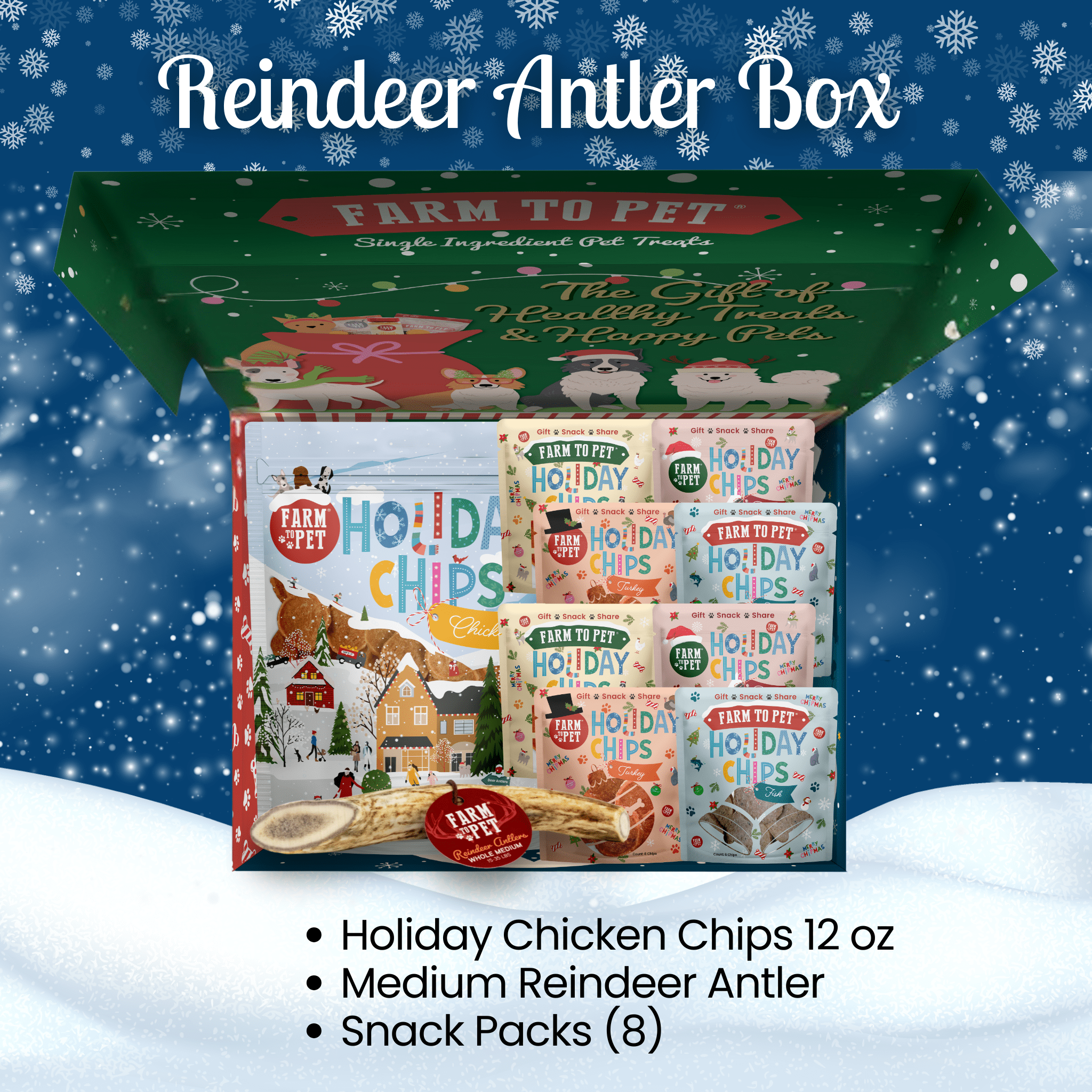 Farm to Pet Reindeer Antler Box with holiday-themed packaging on a snowy background