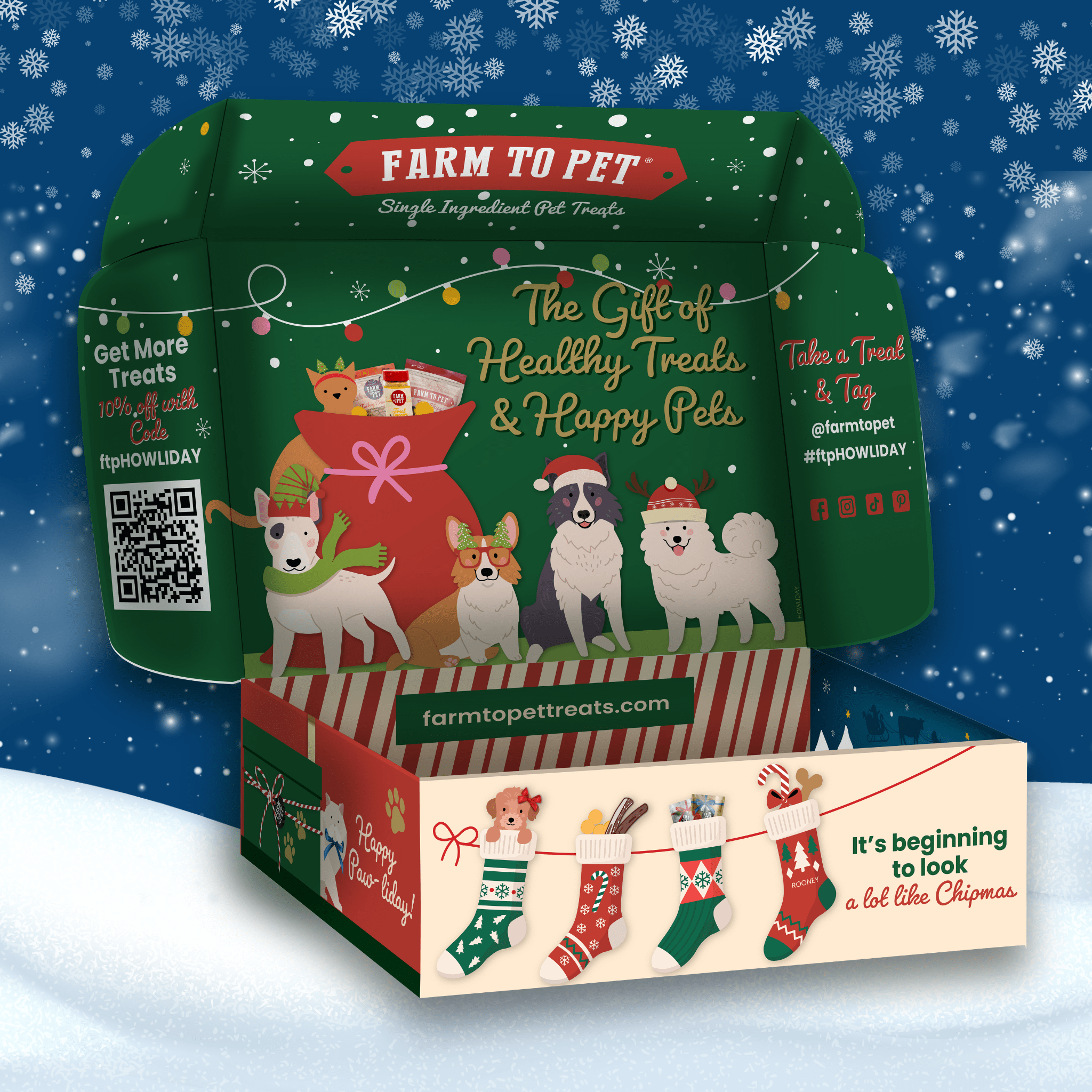 Christmas-themed packaging for Farm to Pet dog treats with festive designs and text.