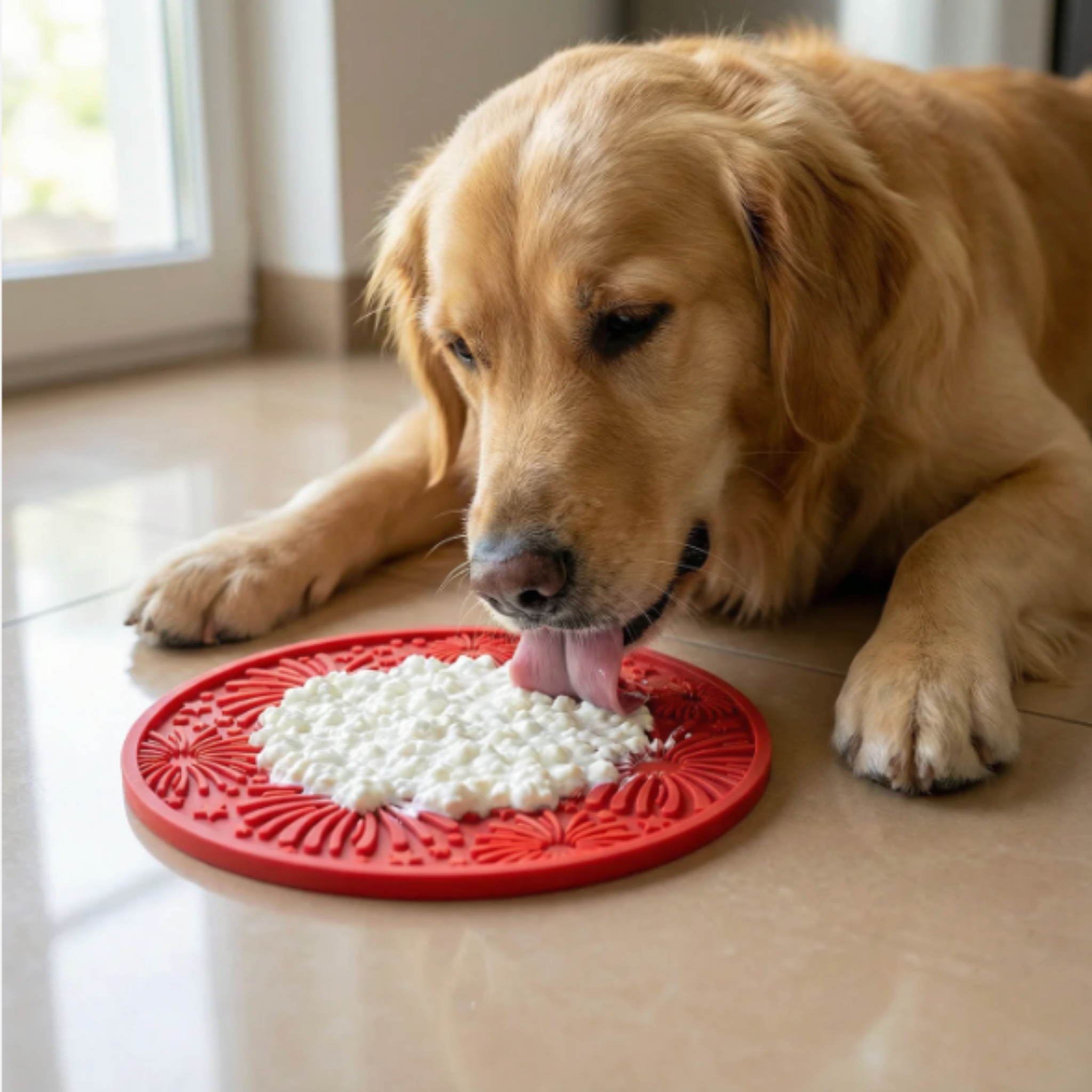 Dog licking a red lick mat filled with cottage cheese on a tiled floor.