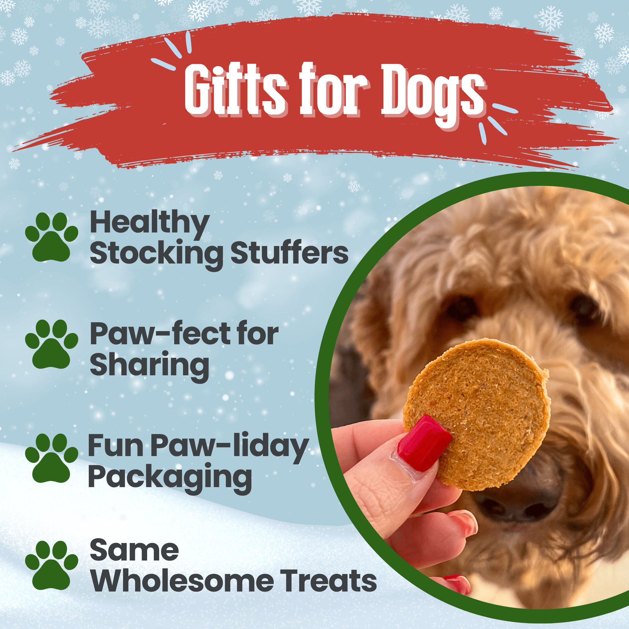 Promotional graphic for dog gifts with a dog eating a Farm to Pet treat and text about healthy stocking stuffers.
