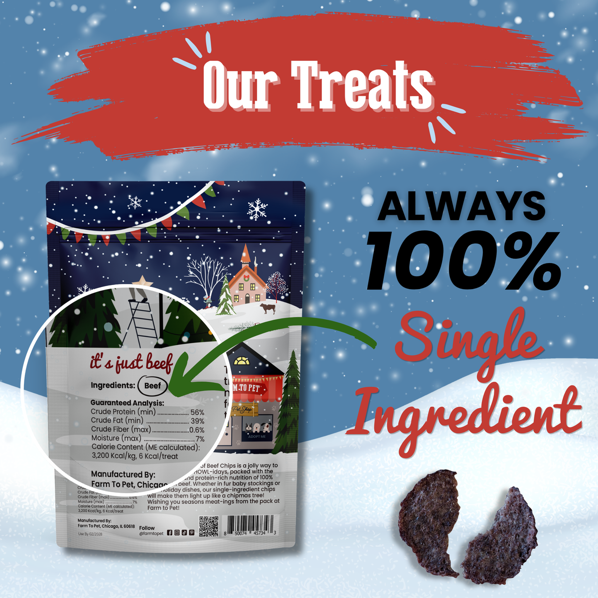 Holiday Beef Chips label: always 100% beef, single-ingredient Christmas dog treats