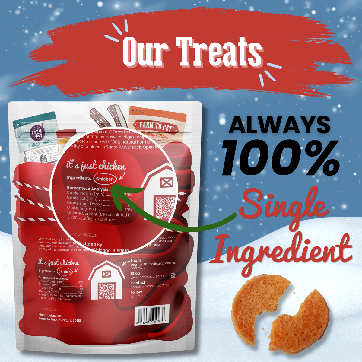 Santa Sack label: always 100% chicken breast, single-ingredient Christmas dog treats