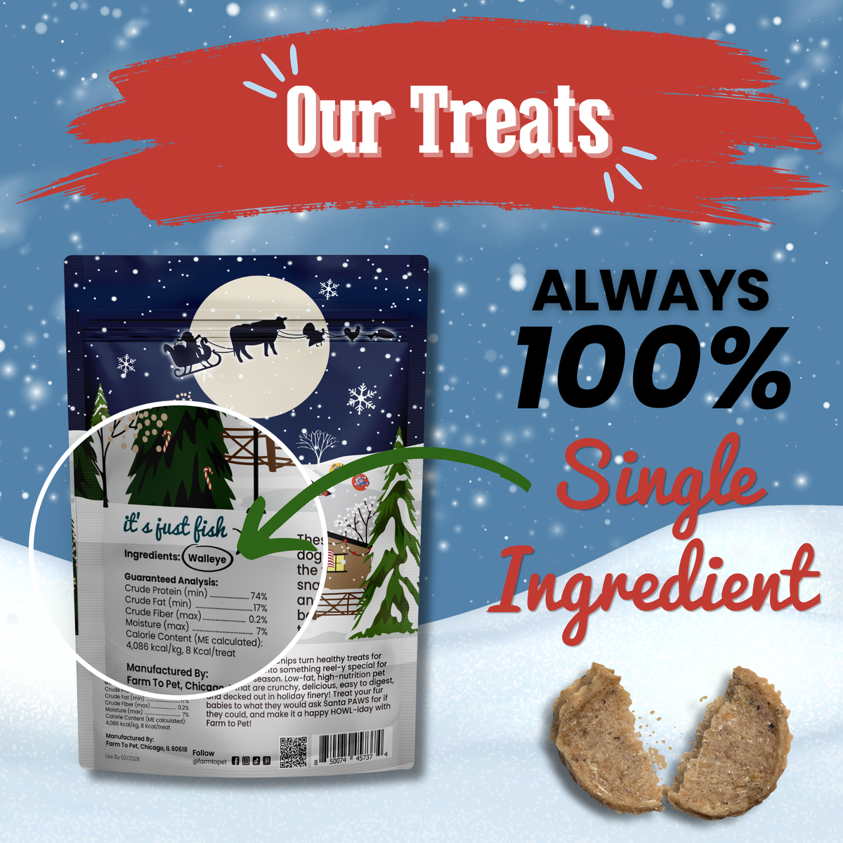 Holiday Fish Chips label: always 100% walleye, single-ingredient holiday dog treats