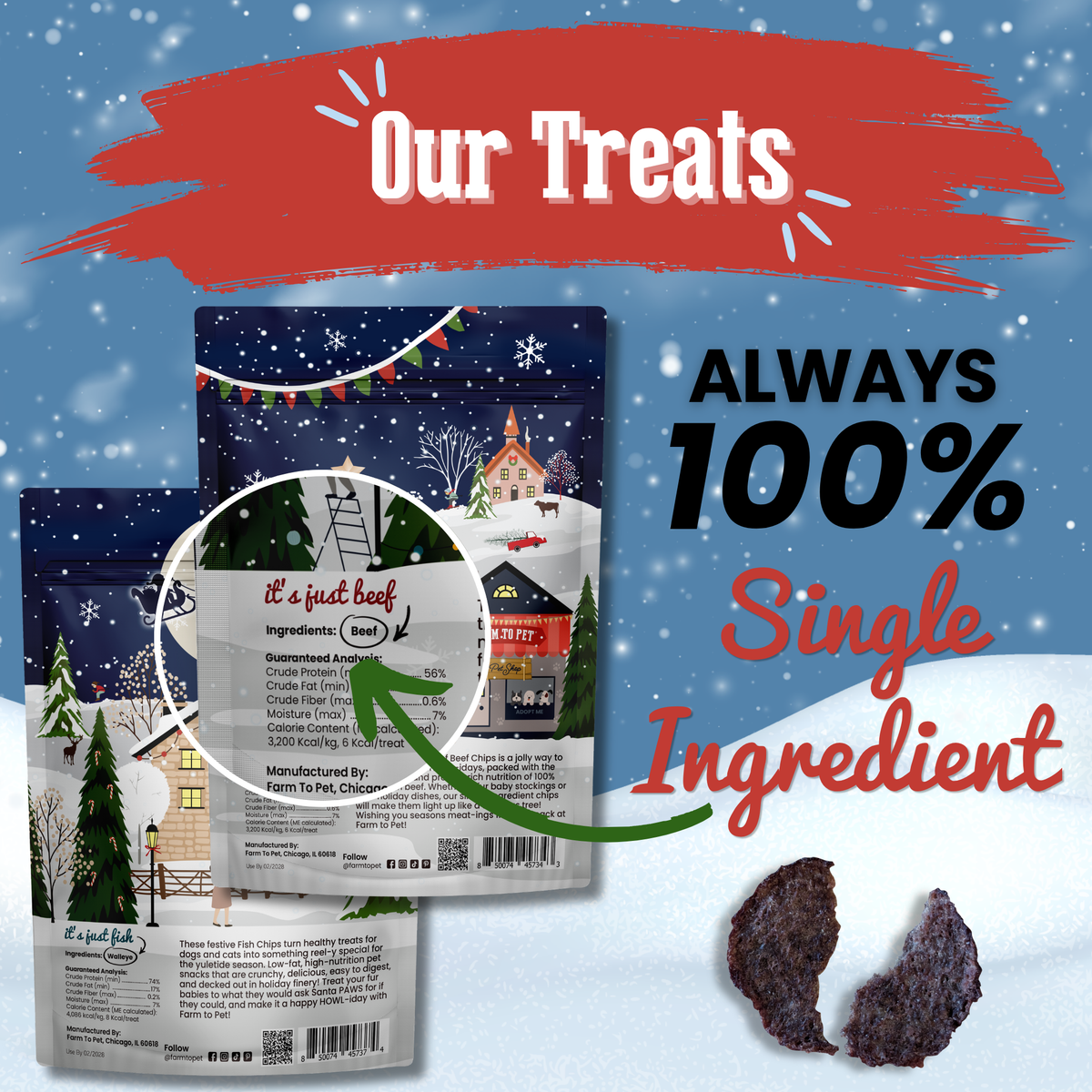 Holiday Beef and Fish Chips labels: always 100% single ingredient holiday dog treats